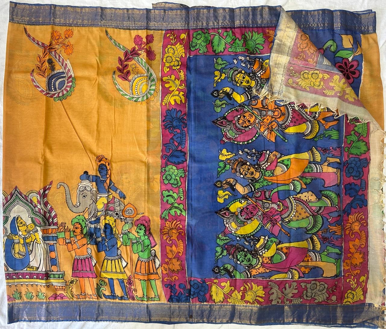 Pen Kalamkari chanduri silk saree