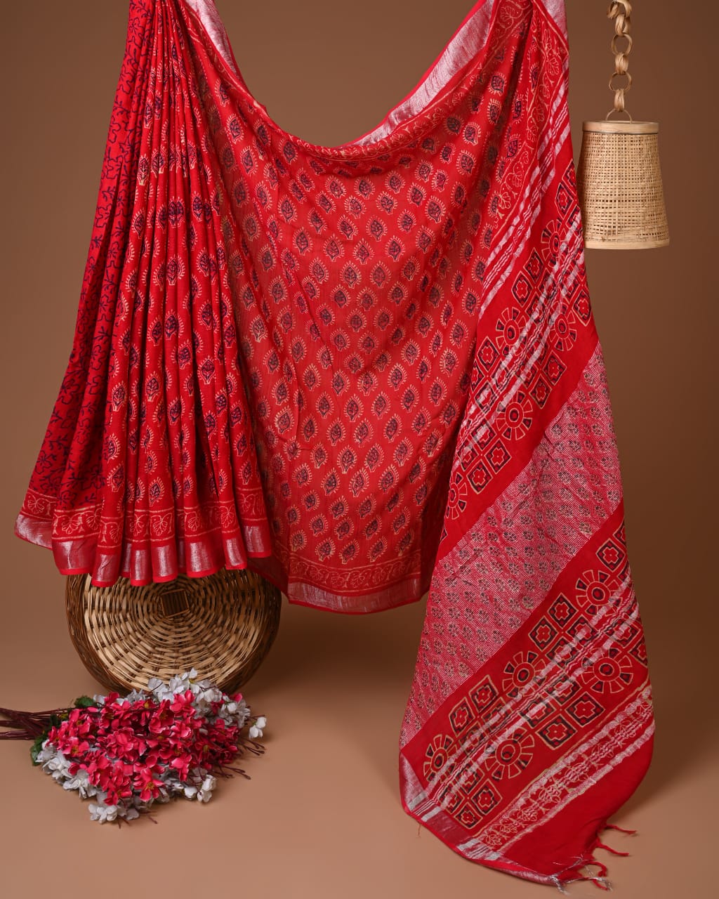 Linen Red Hand block Printed Saree
