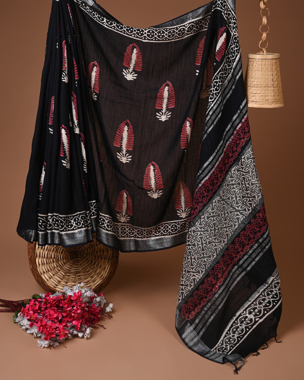 Linen Hand Block Black Printed Saree