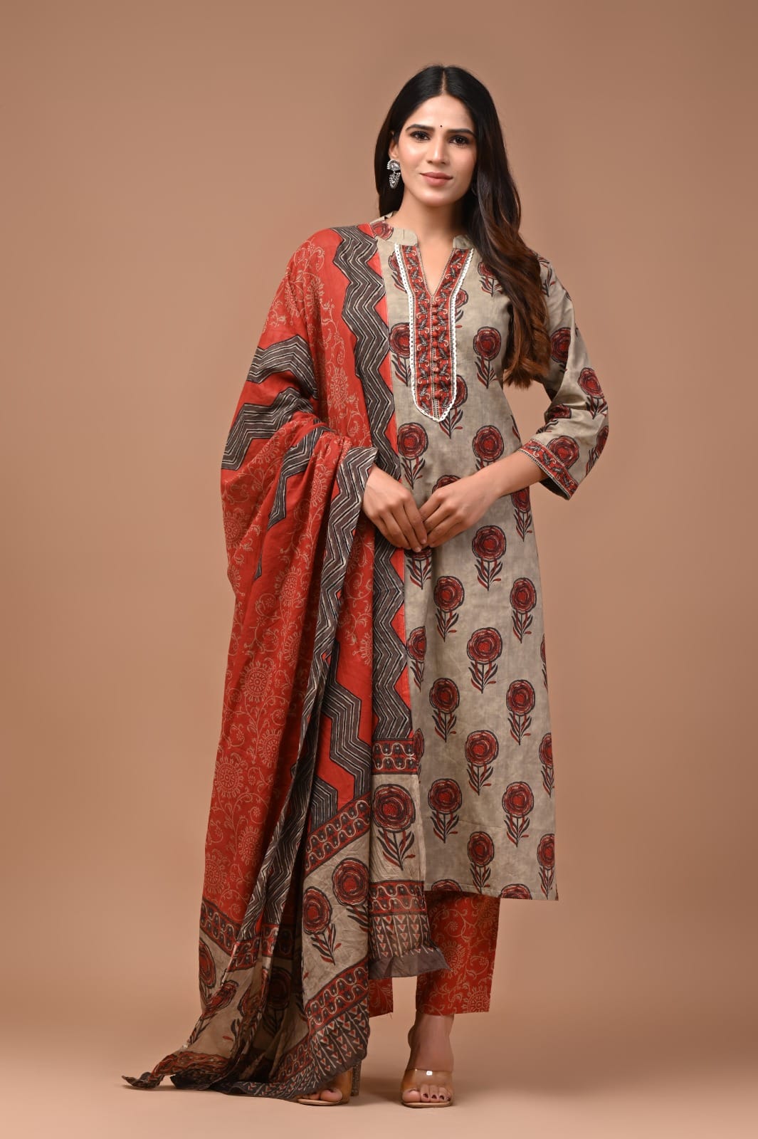 Hand block Printed Cotton  3-Piece Suit
