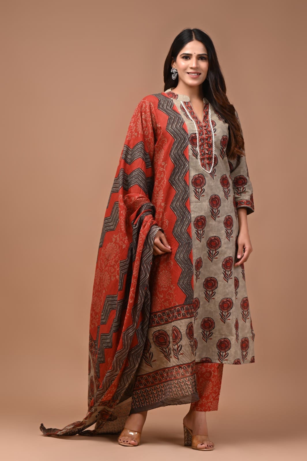 Hand block Printed Cotton 3-Piece Suit