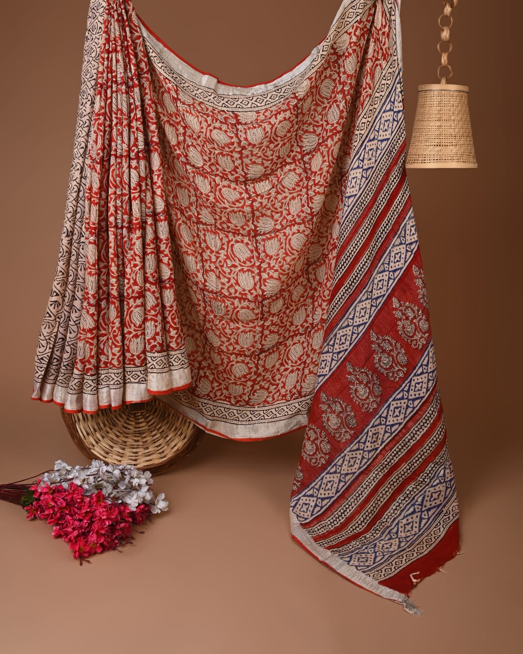 Linen Hand block Red Printed Saree