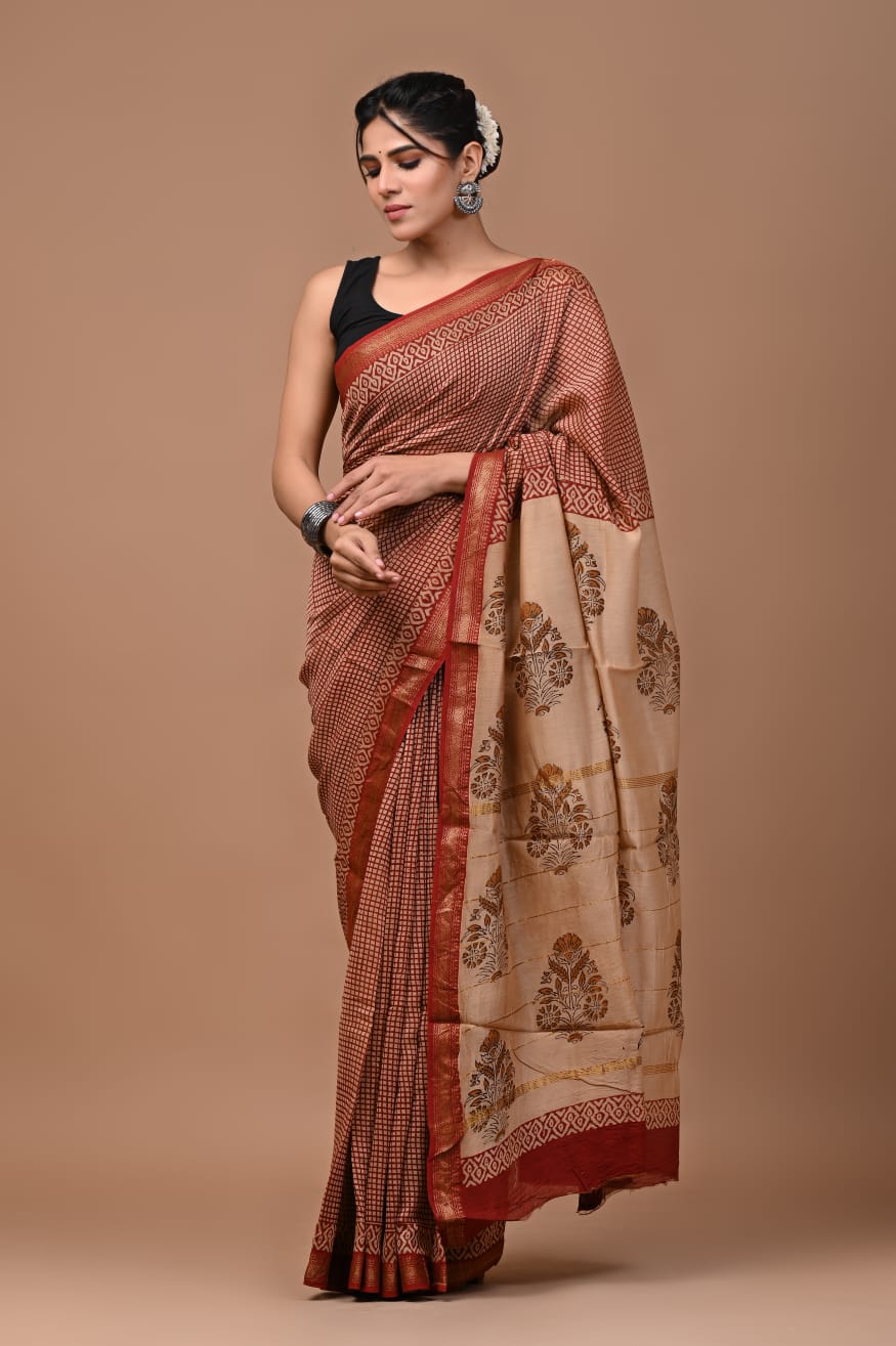 Hand block Maheshwari saree