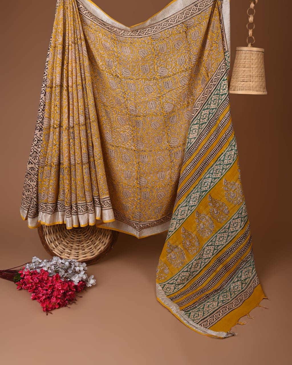 Linen Hand block printed Yellow Saree
