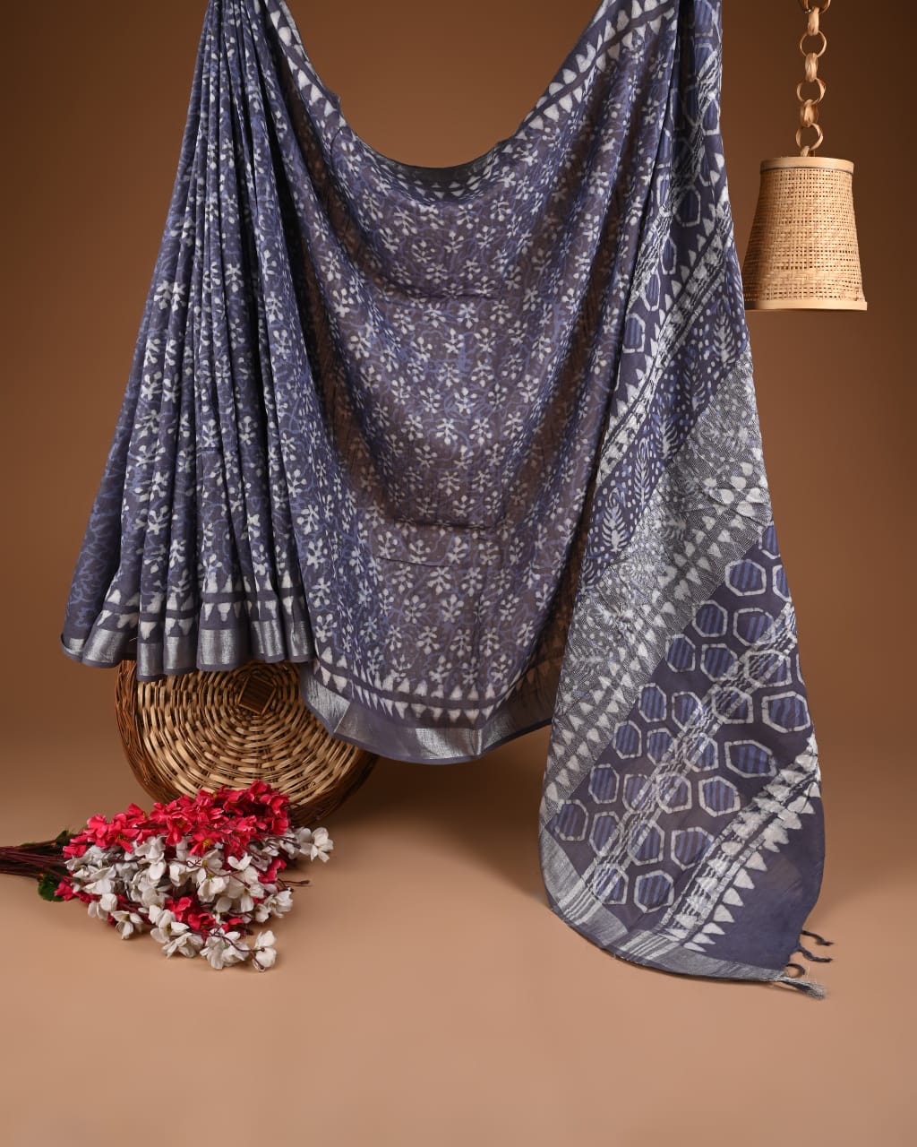 Linen Hand block printed Indigo Saree