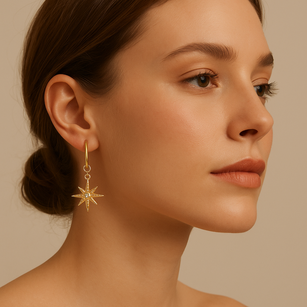 Pendientes de aro de estrella de acero inoxidable con baño en oro 18 k