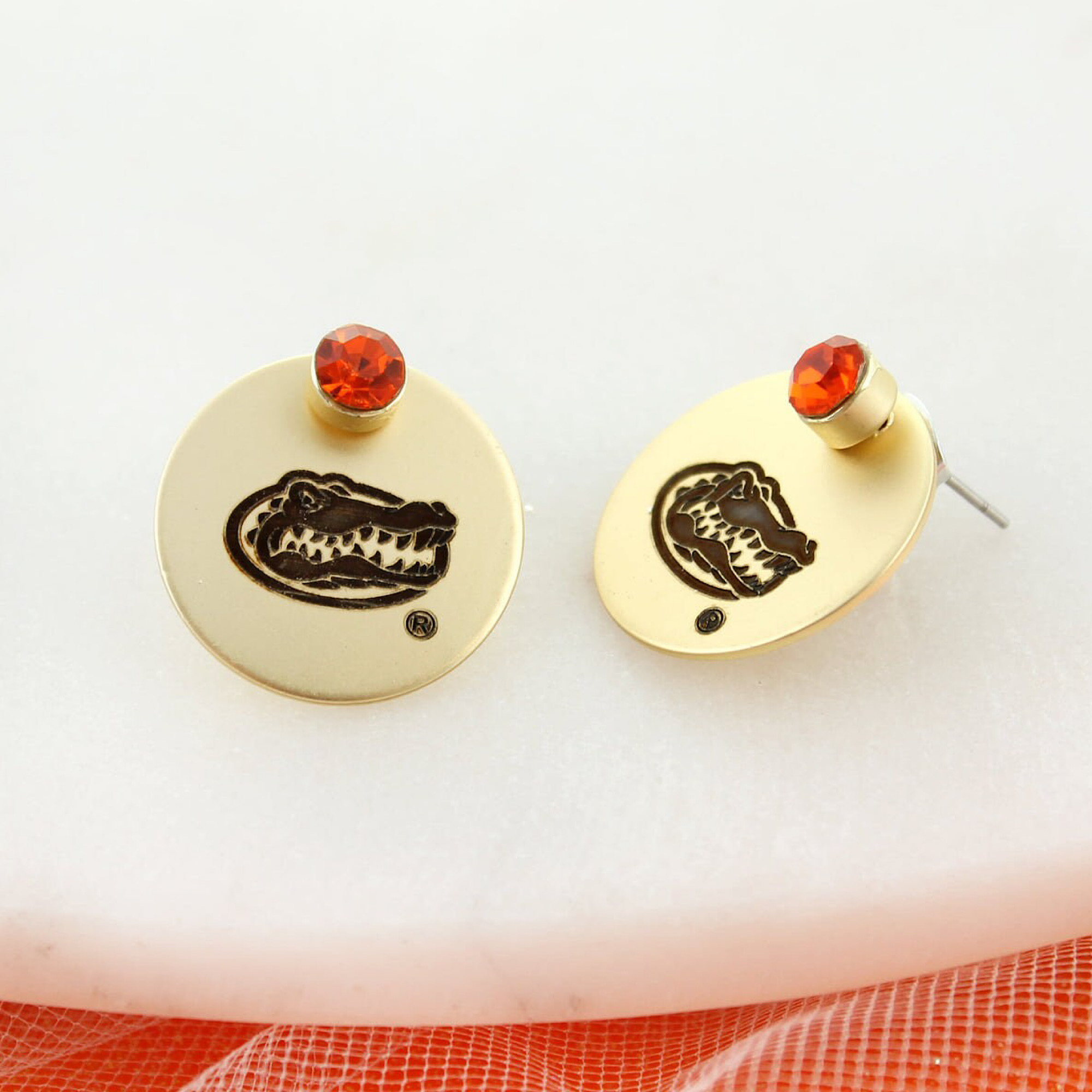Gold Colored Disc with Orange Crystal Stud Earrings