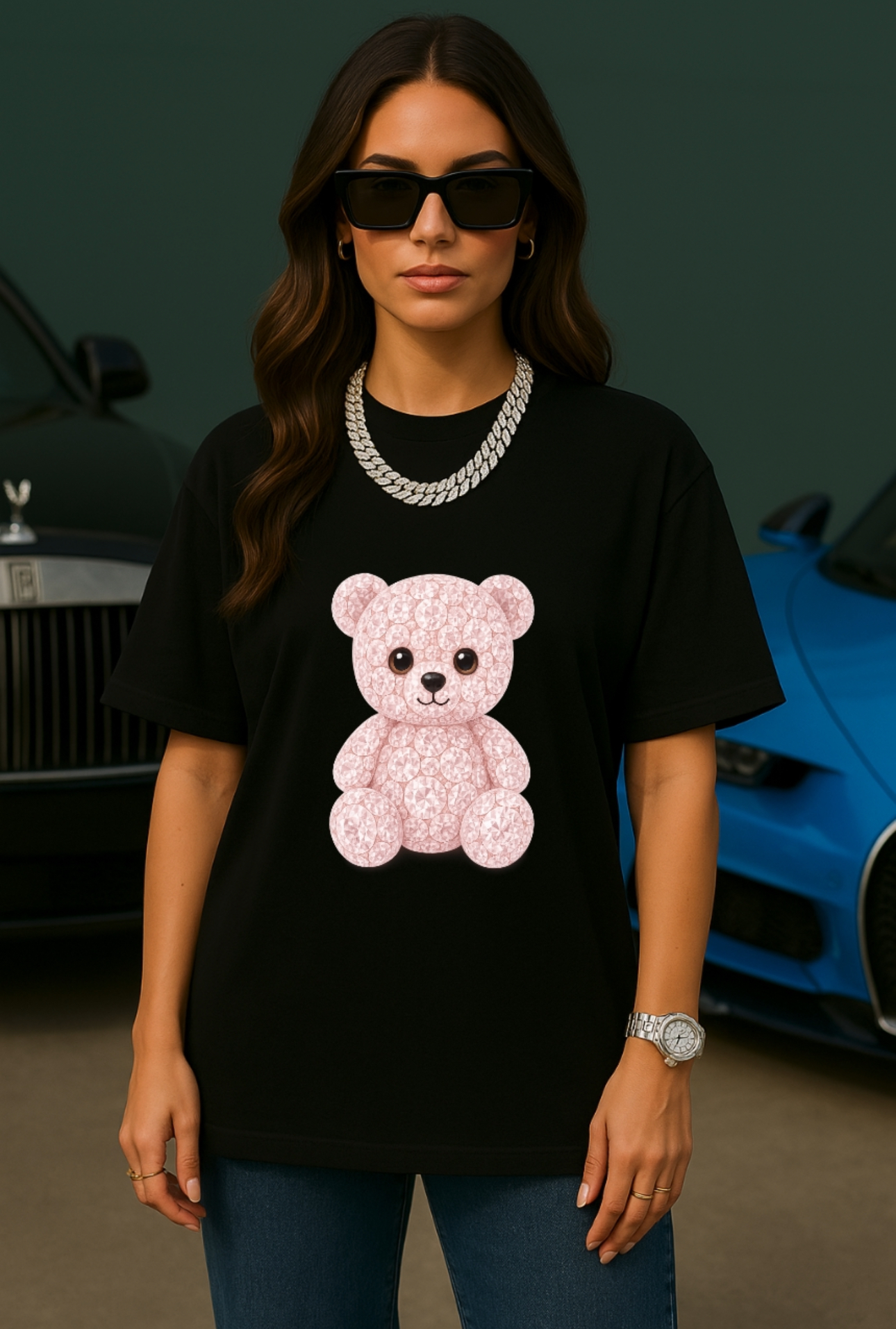 Black T-shirt with Pink Teddy Bear Print