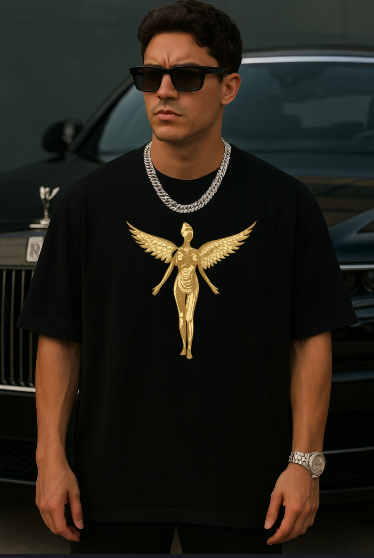 Black T-shirt with Golden Angel Graphic