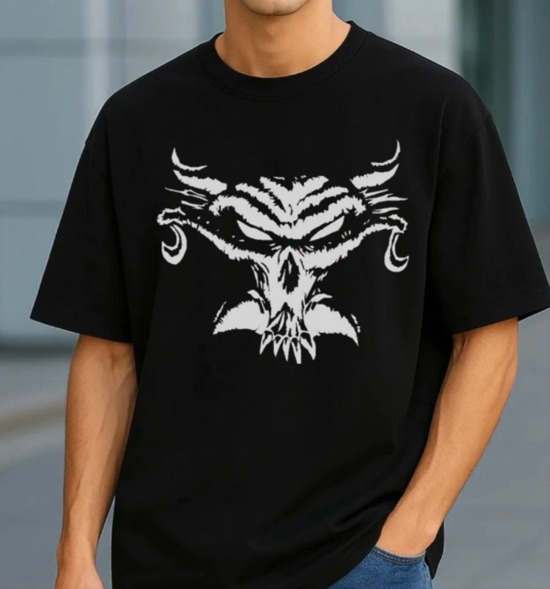 Black Oversized T-Shirt with Demon Skull Print