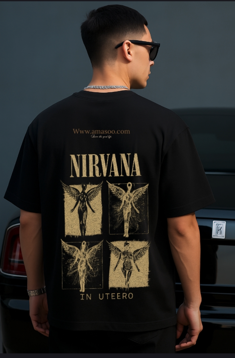 Black T-shirt with Golden Angel Graphic