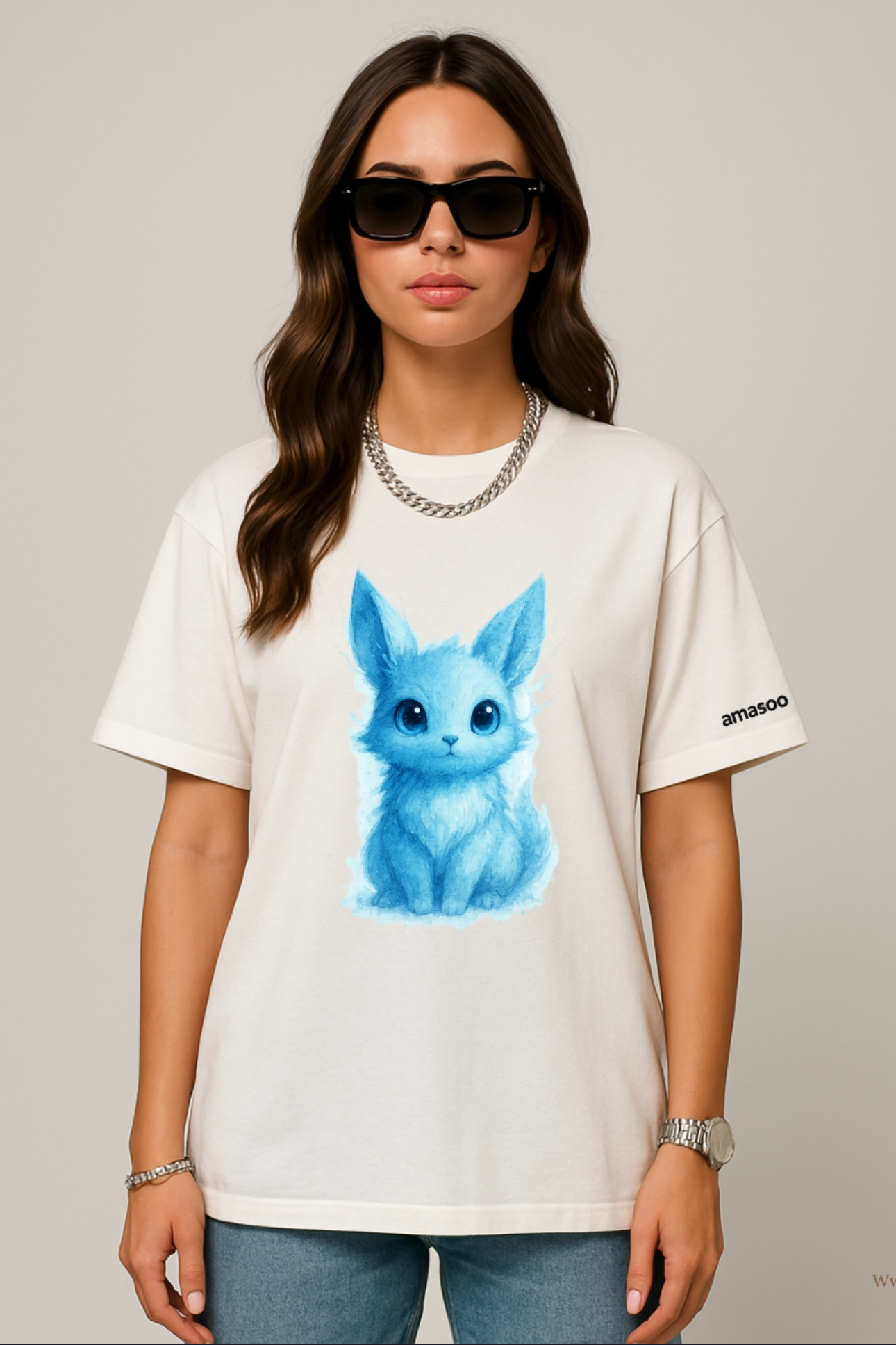 White T-shirt with Blue Bunny Print