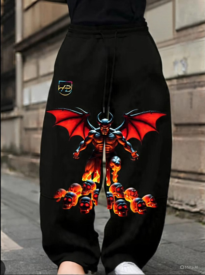 Black Jogger Pants with Demon Print