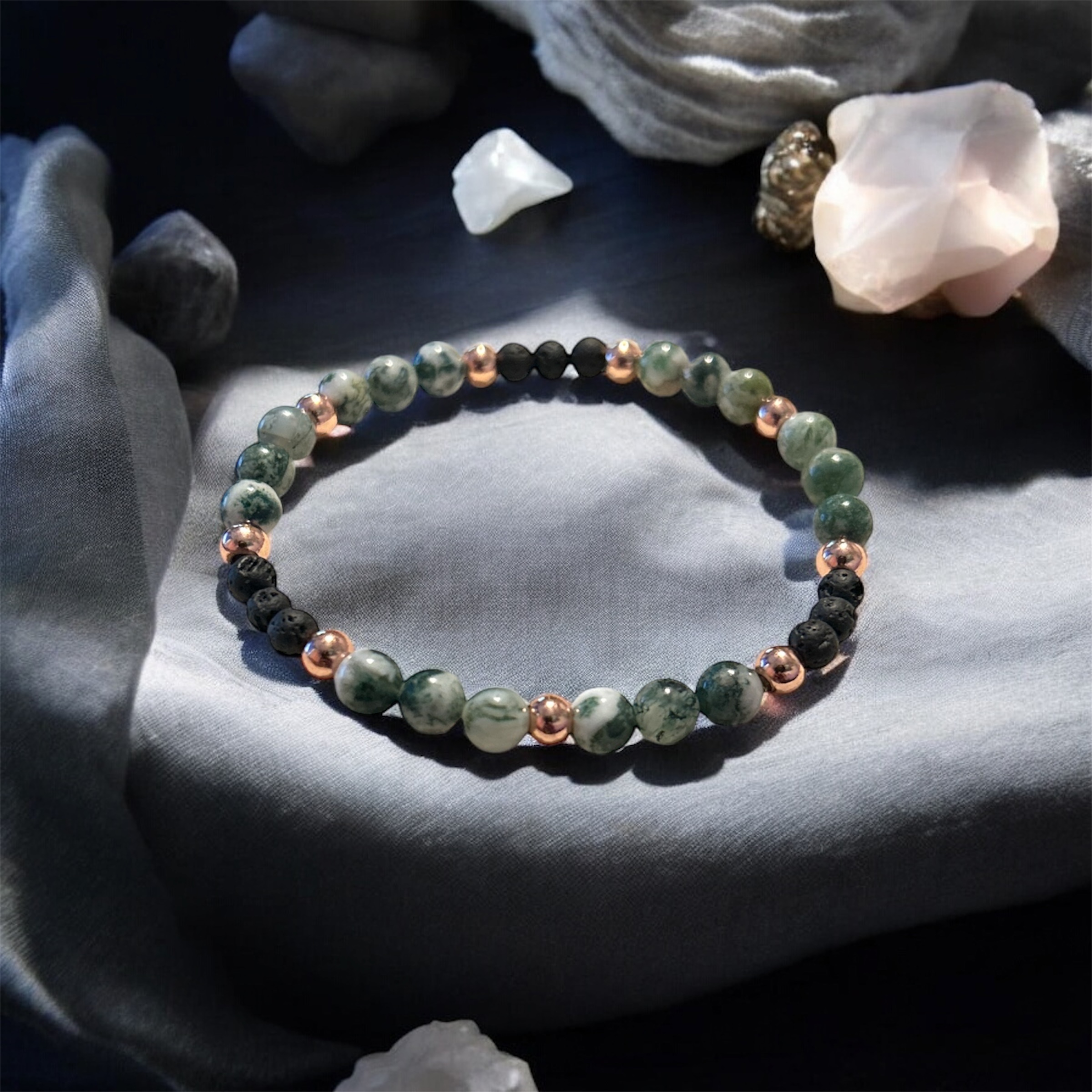 Tree Agate & Lavastone Healing Crystal Bracelet | Grounding | Emotional Balance | Protection