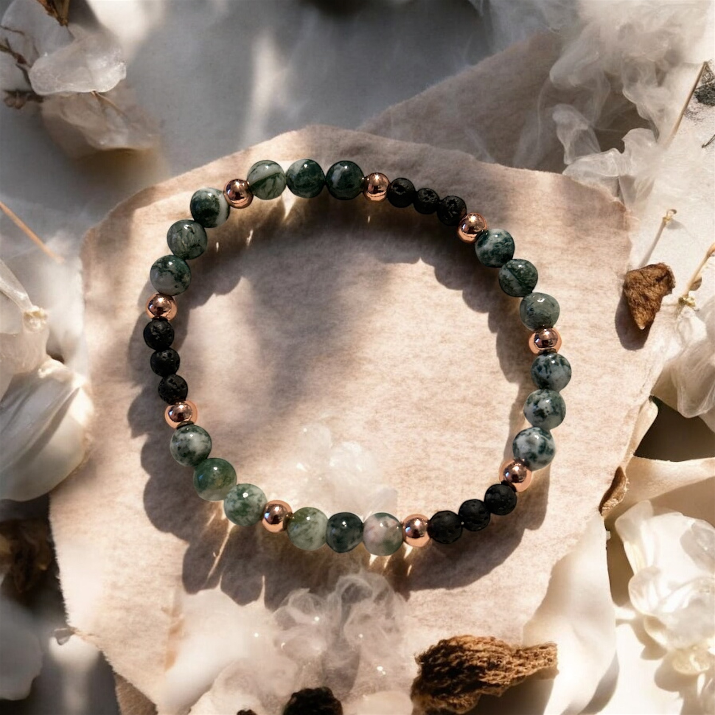 Tree Agate & Lavastone Healing Crystal Bracelet | Grounding | Emotional Balance | Protection
