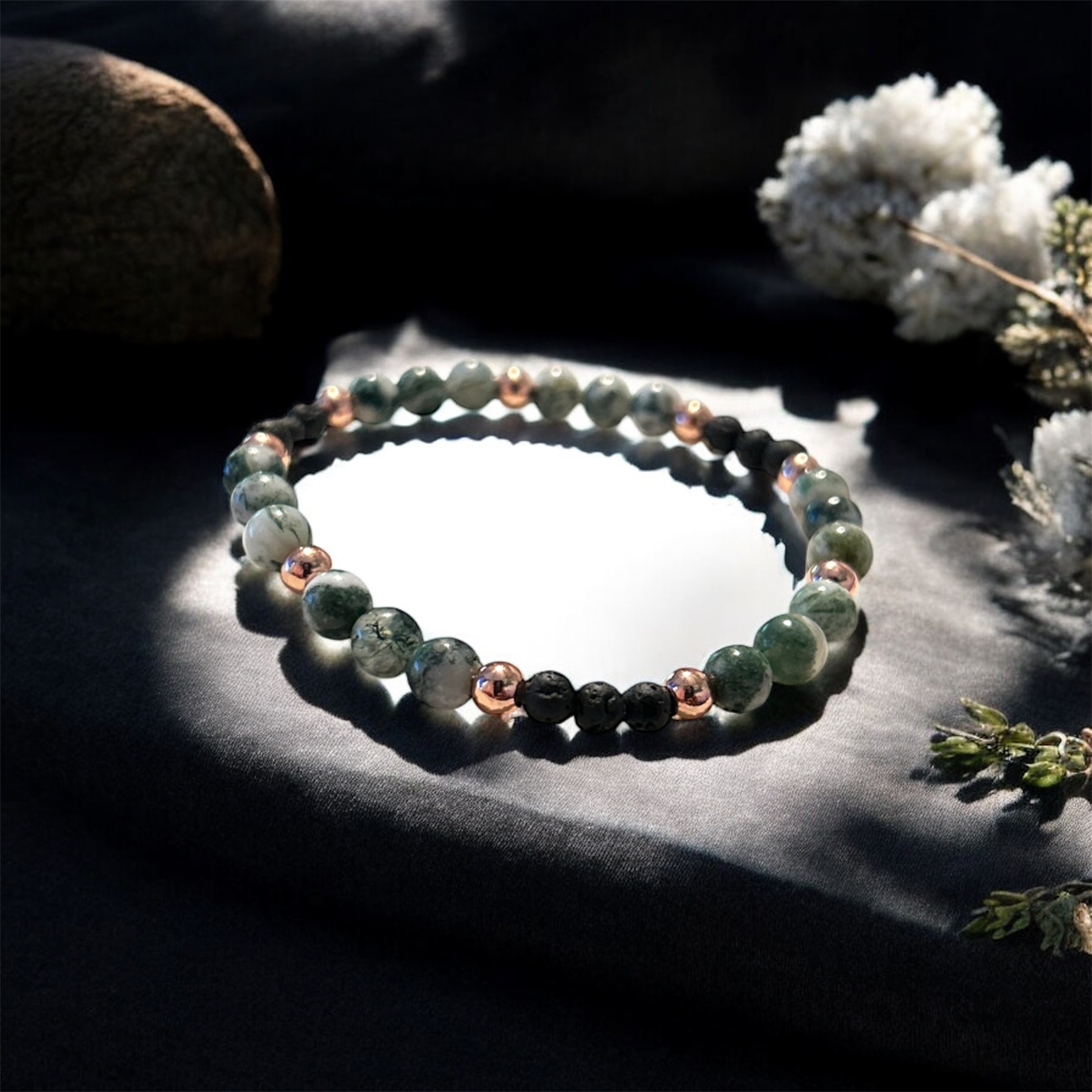 Tree Agate & Lavastone Healing Crystal Bracelet | Grounding | Emotional Balance | Protection