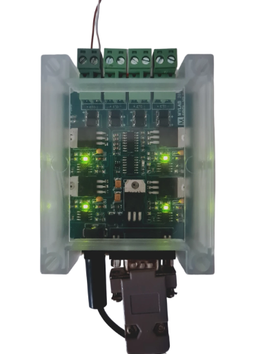 RS232 to 4 channel Current Loop Converter, non isolated active transmitter and receiver, with enable / disable DIP on board
