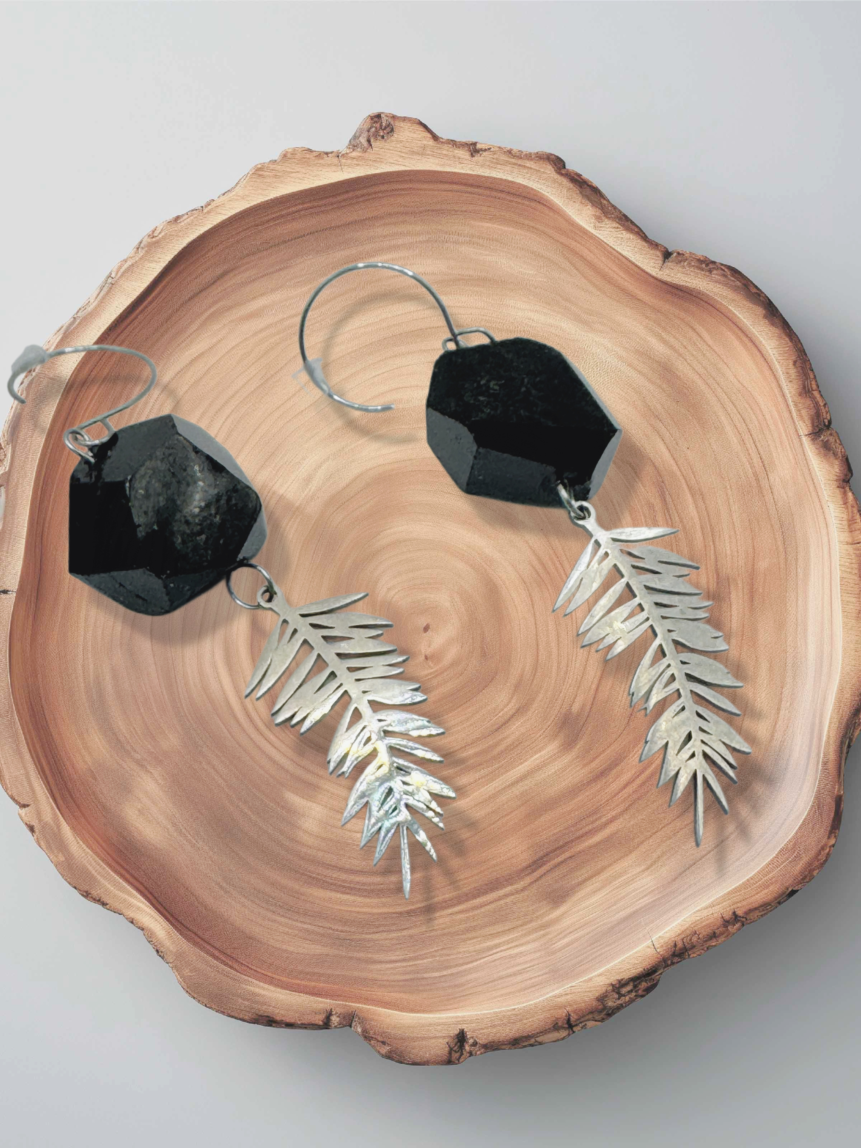 Black Tourmaline Gem and Silver Leaf Earrings