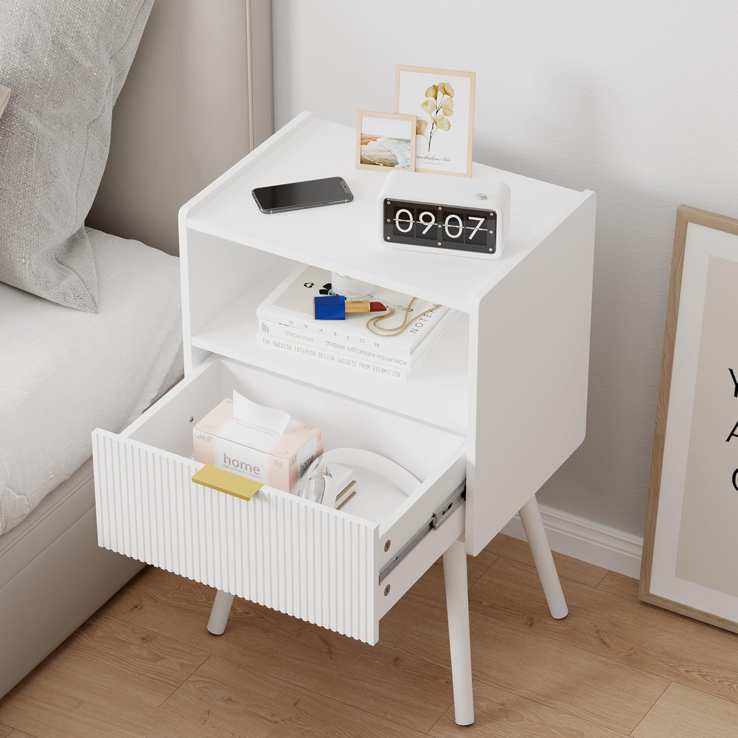 White Bedside Table with Drawers