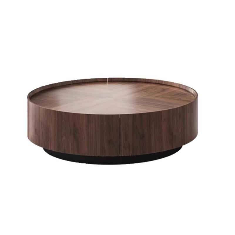 Minimalist Walnut Round Coffee Table with Double Drawers