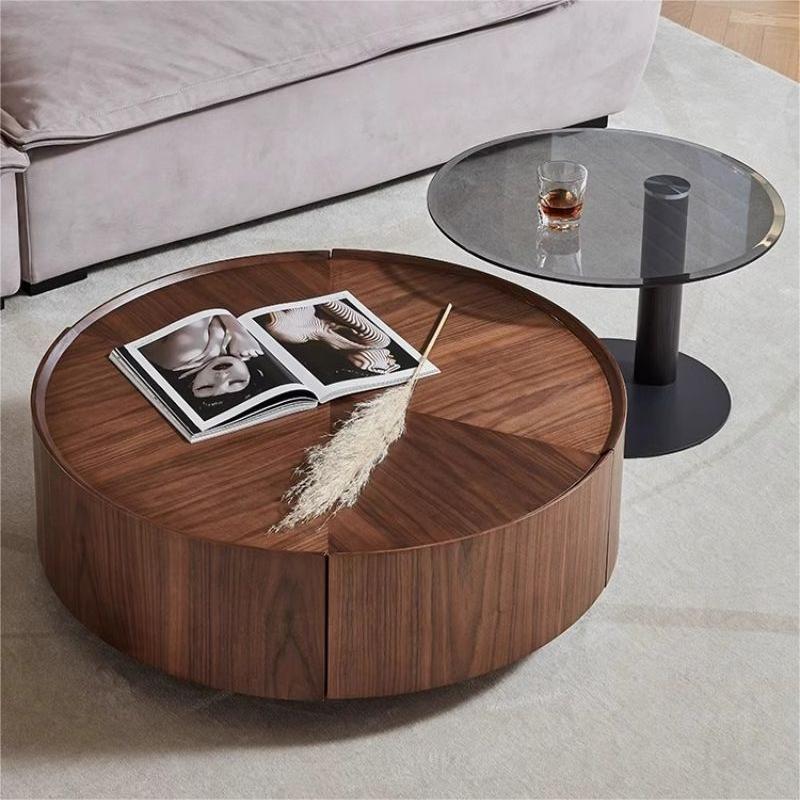 Minimalist Walnut Round Coffee Table with Double Drawers
