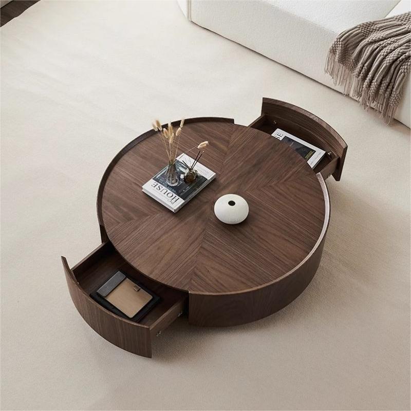 Minimalist Walnut Round Coffee Table with Double Drawers