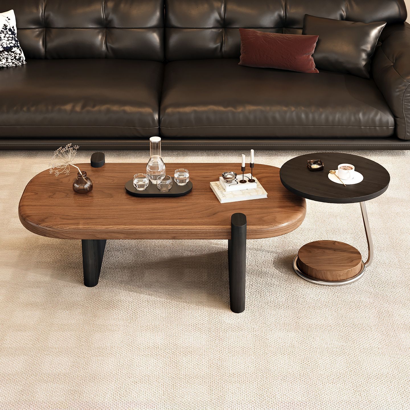 Mid-Century Solid Wood Coffee Table Set in Two-Tone Finish