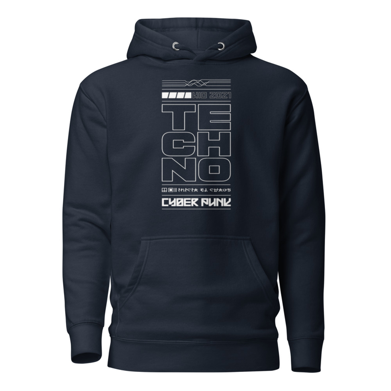 Sudadera Te-ch-no, cyberpunk streetwear, ropa electrónica futurista, hoodie techno edm