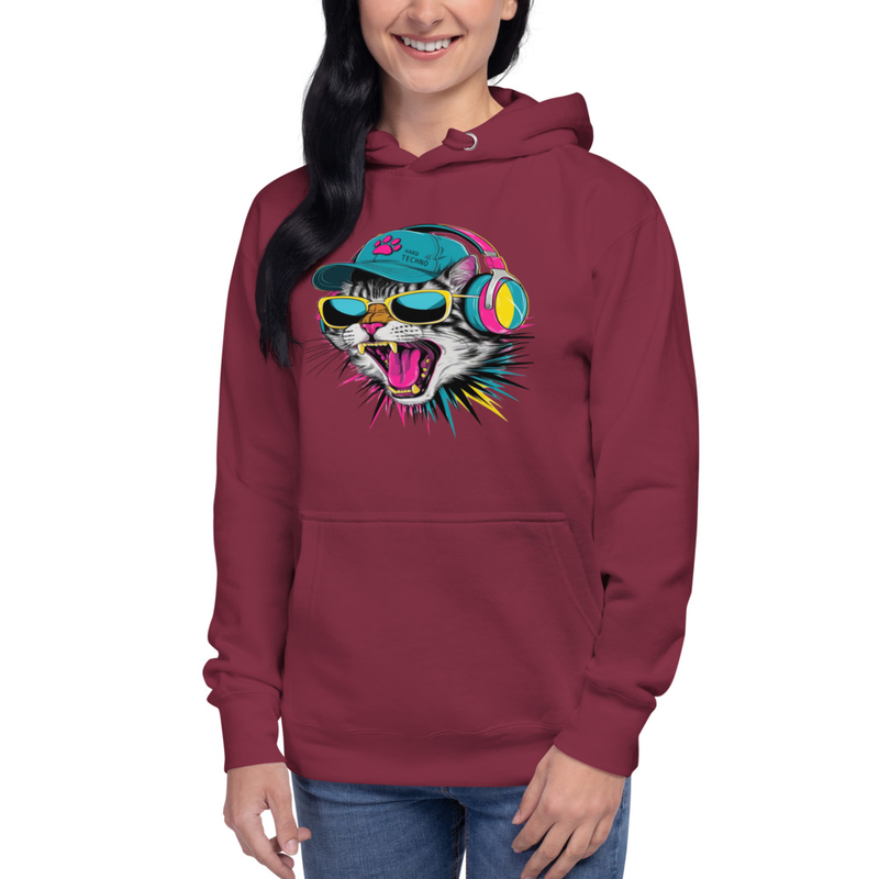 Sudadera gato hard techno, unisex streetwear rave, hoodie colores fluorescentes, edm festival