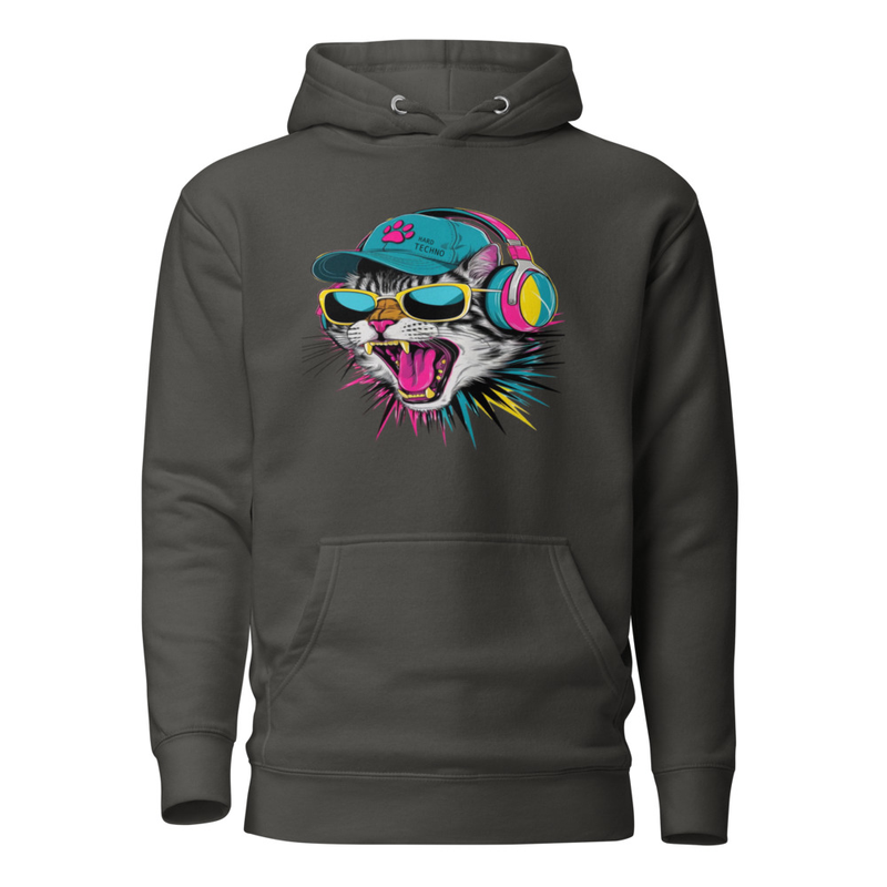 Sudadera gato hard techno, unisex streetwear rave, hoodie colores fluorescentes, edm festival