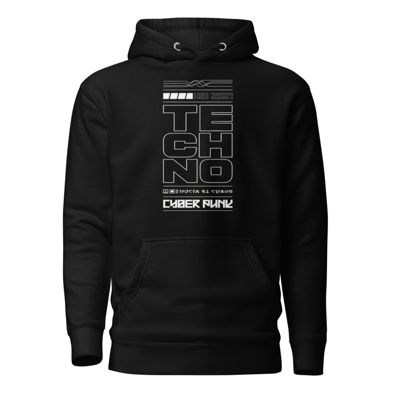 Sudadera Te-ch-no, cyberpunk streetwear, ropa electrónica futurista, hoodie techno edm