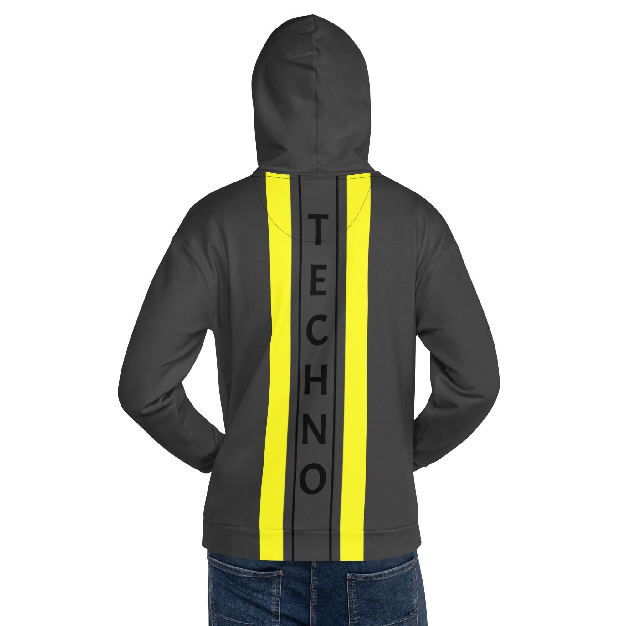 Sudadera Techno Hombre – Gris con Diseño X y Detalles Amarillos | Estilo Rave Urbano