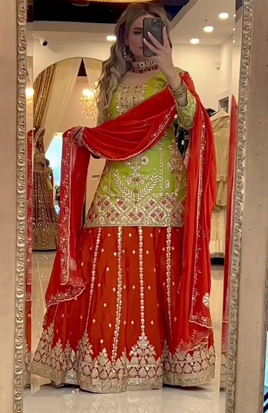 Orange and green Shrara set choli