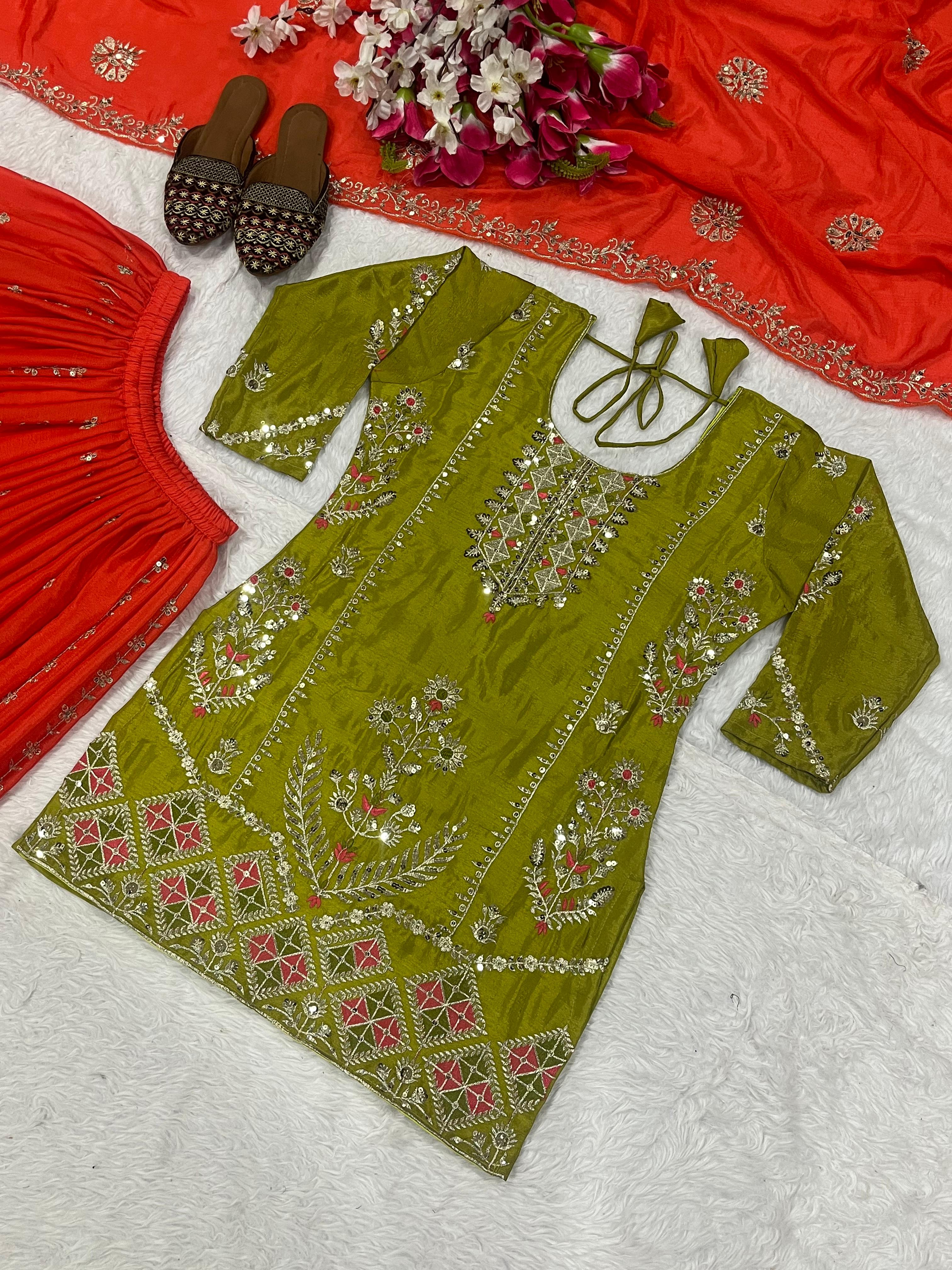 Orange and green Shrara set choli