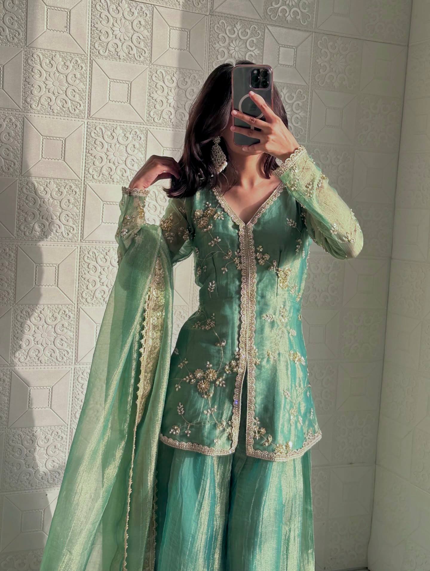 Haryali fitted look tissue silk suit ensemble