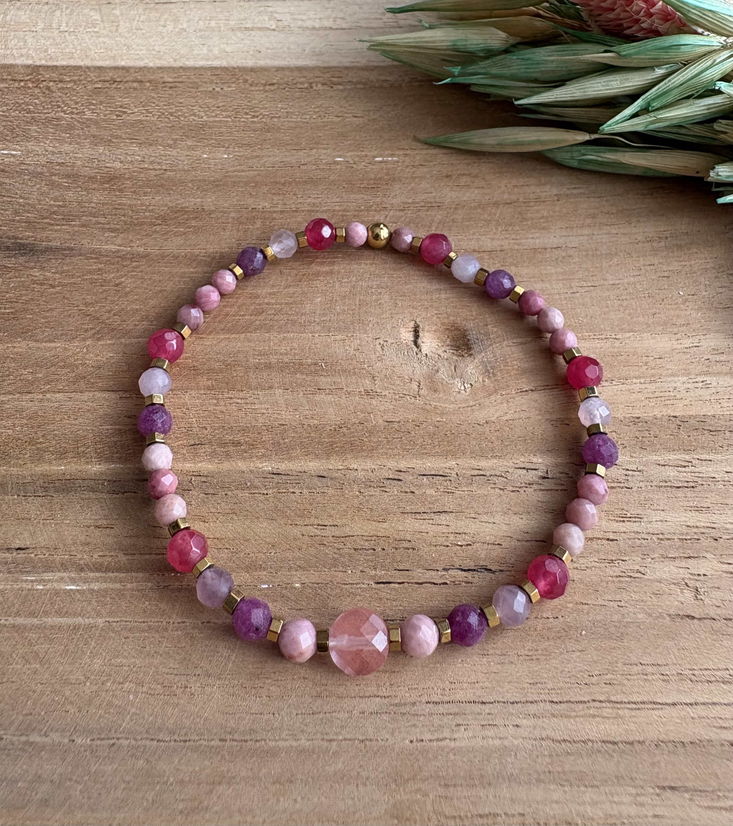 Bransoletka Flowers/kwarc/rodonit/rubin/kwarc truskawkowy/jadeit