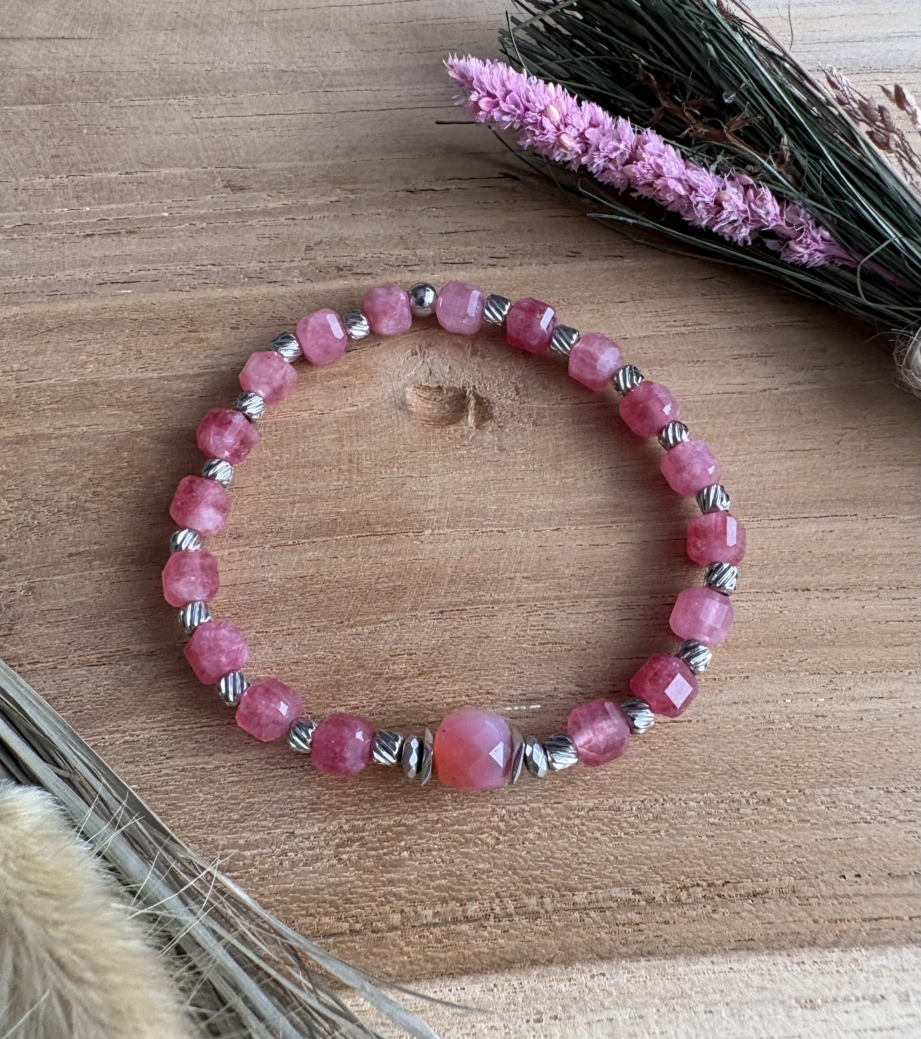 Bransoletka Touch of Rose/ jadeit turmalinowy/agat/hematyt