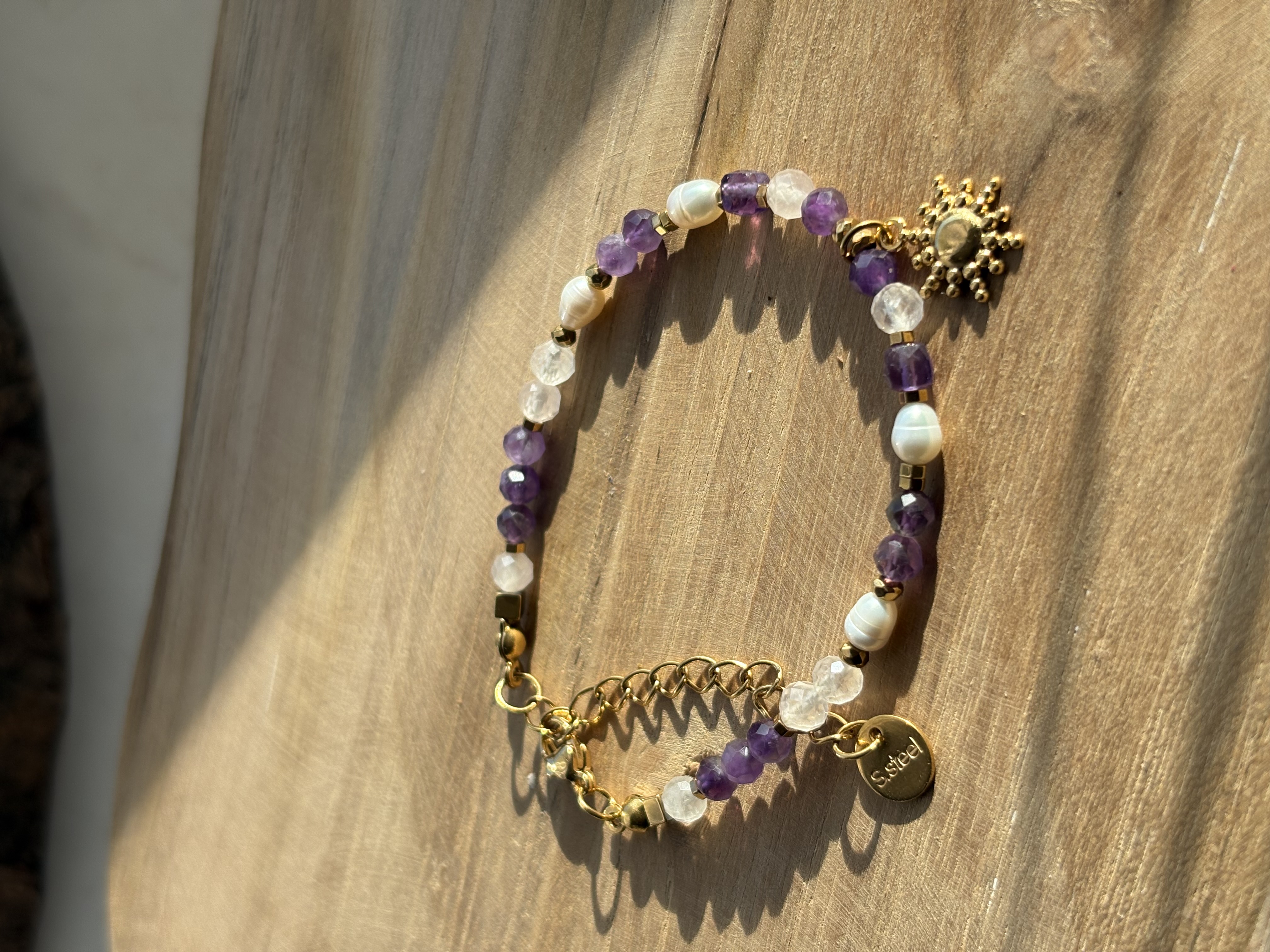 Bransoletka ametyst/kwarc różowy/perła słodkowodna 