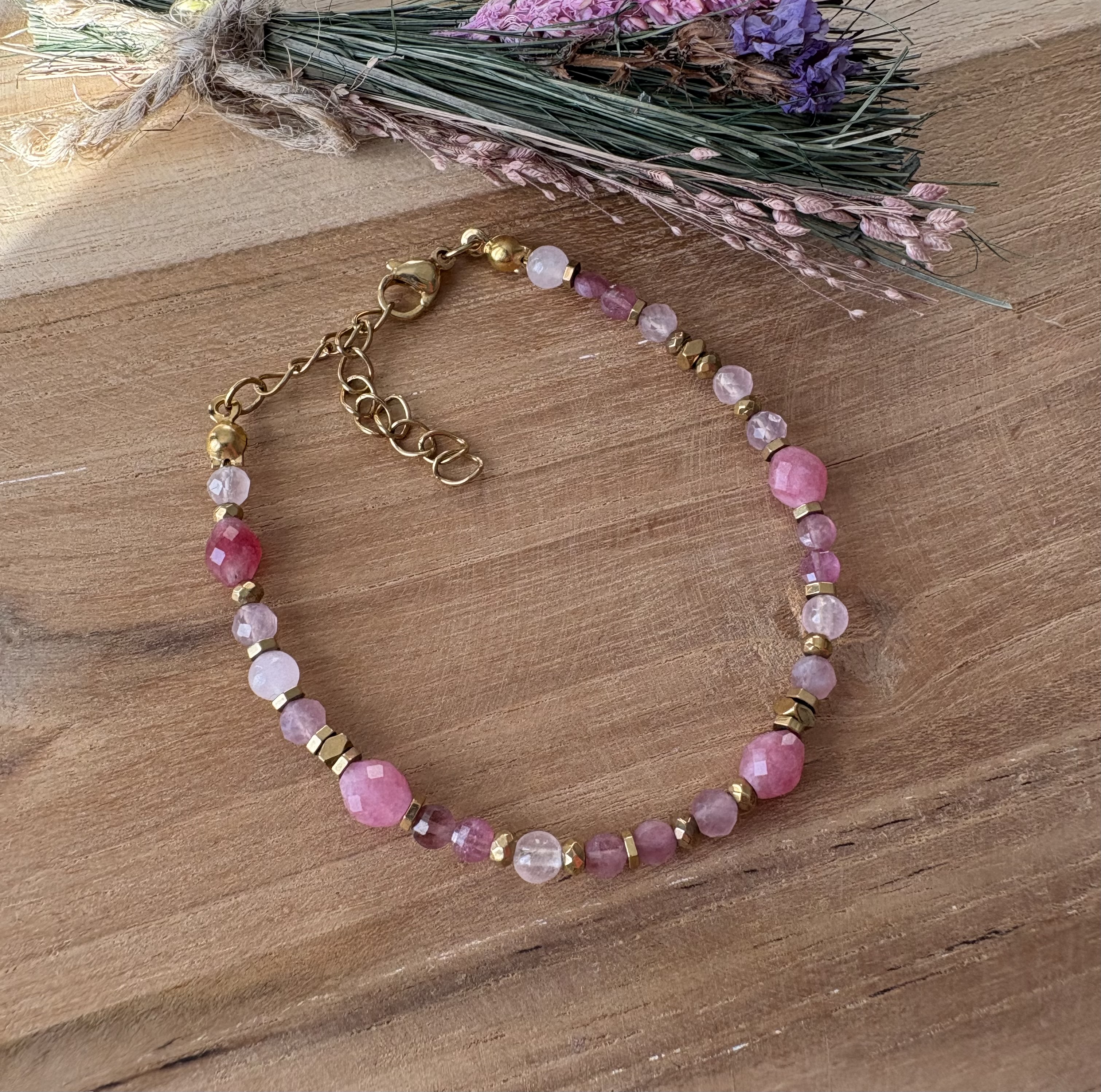 Bransoletka Różyczka turmalin róż/kwarc róż/truskawka