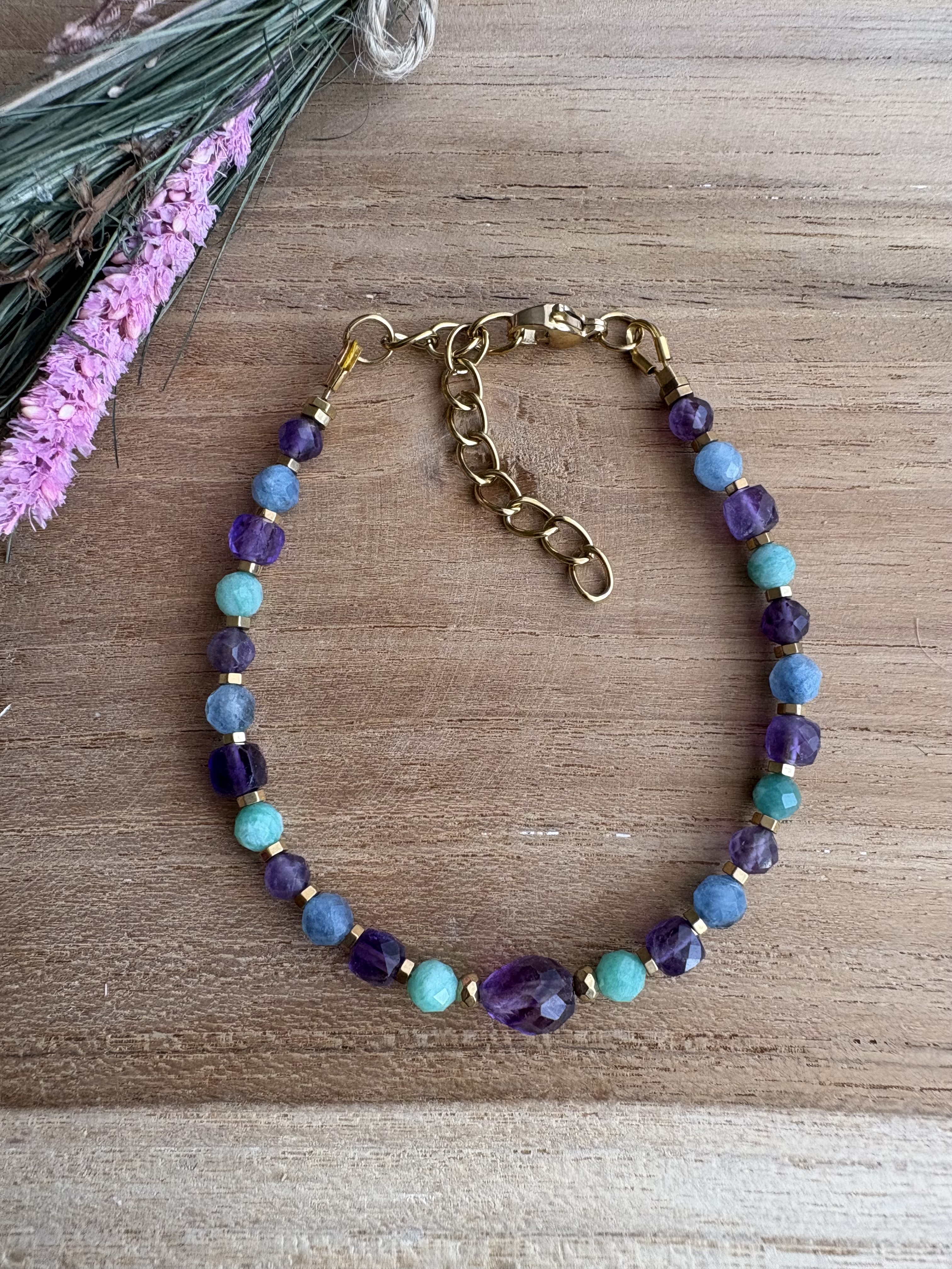 Bransoletka Spring Flowers collection/ametyst/akwamaryn/amazonit/hematyt