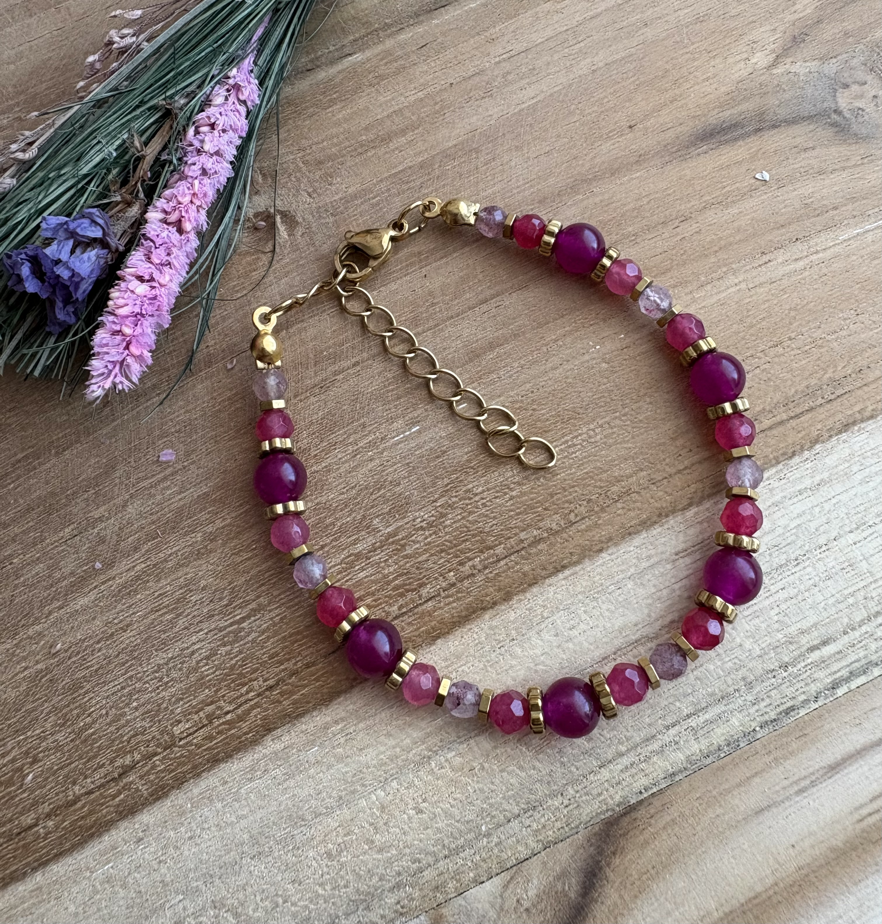 Bransoletka agat/jadeit/turmalin/kwarc truskawkowy/hematyt złocony 