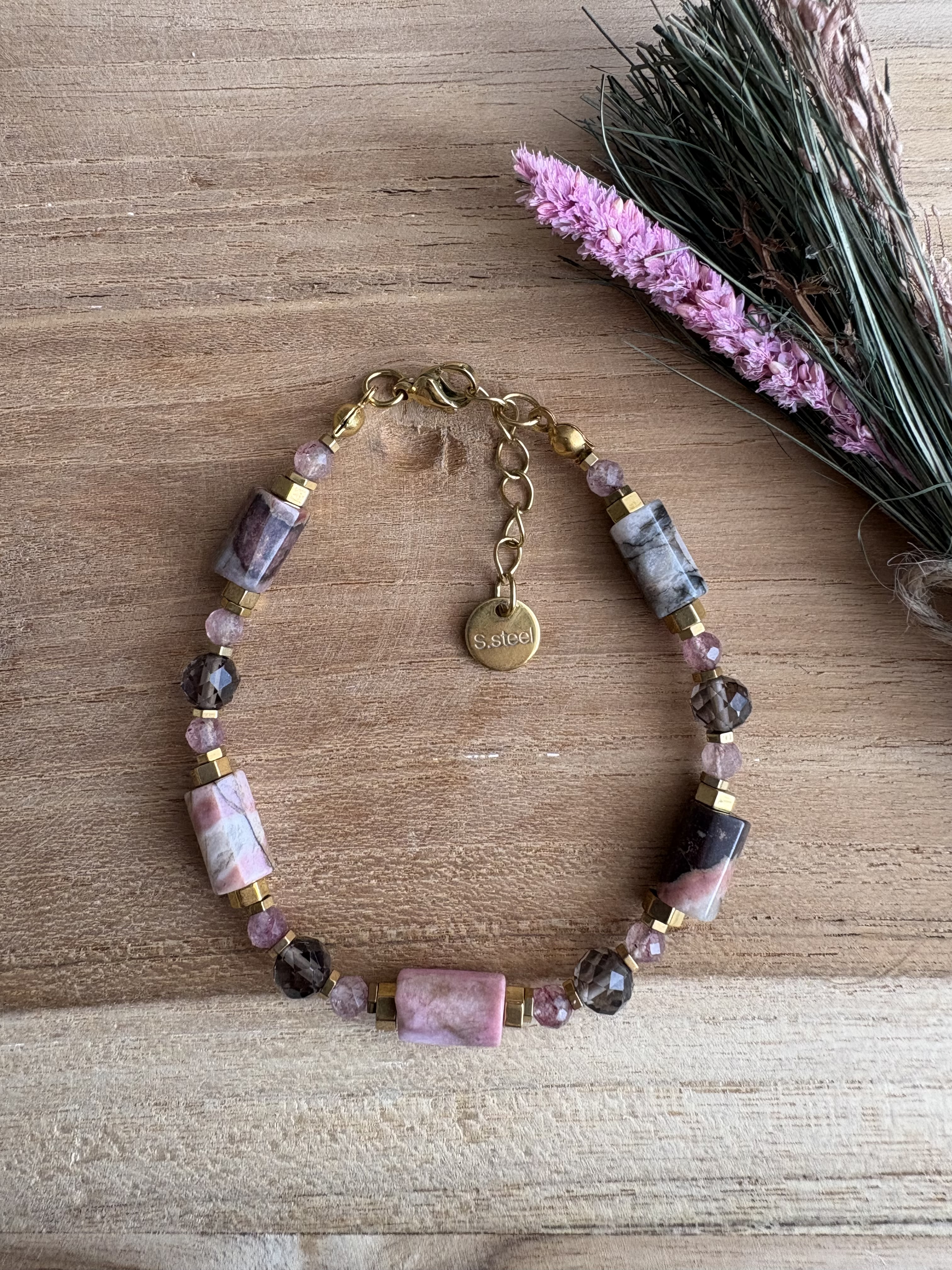 Bransoletka Harmony/premium/rodonit/kwarc dymny/ truskawkowy/hematyt