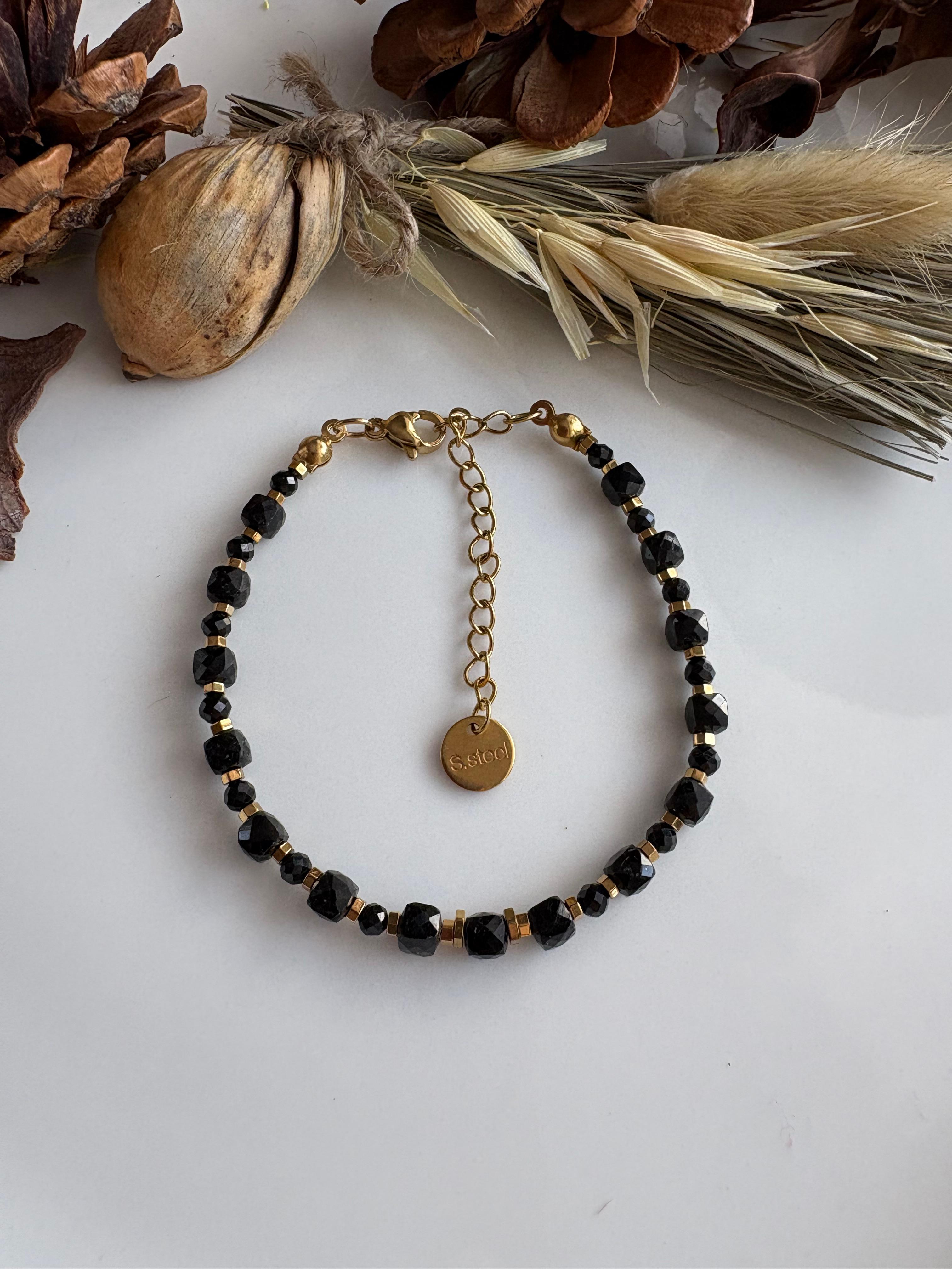 Bransoletka czarny turmalin/hematyt złocony - Rita