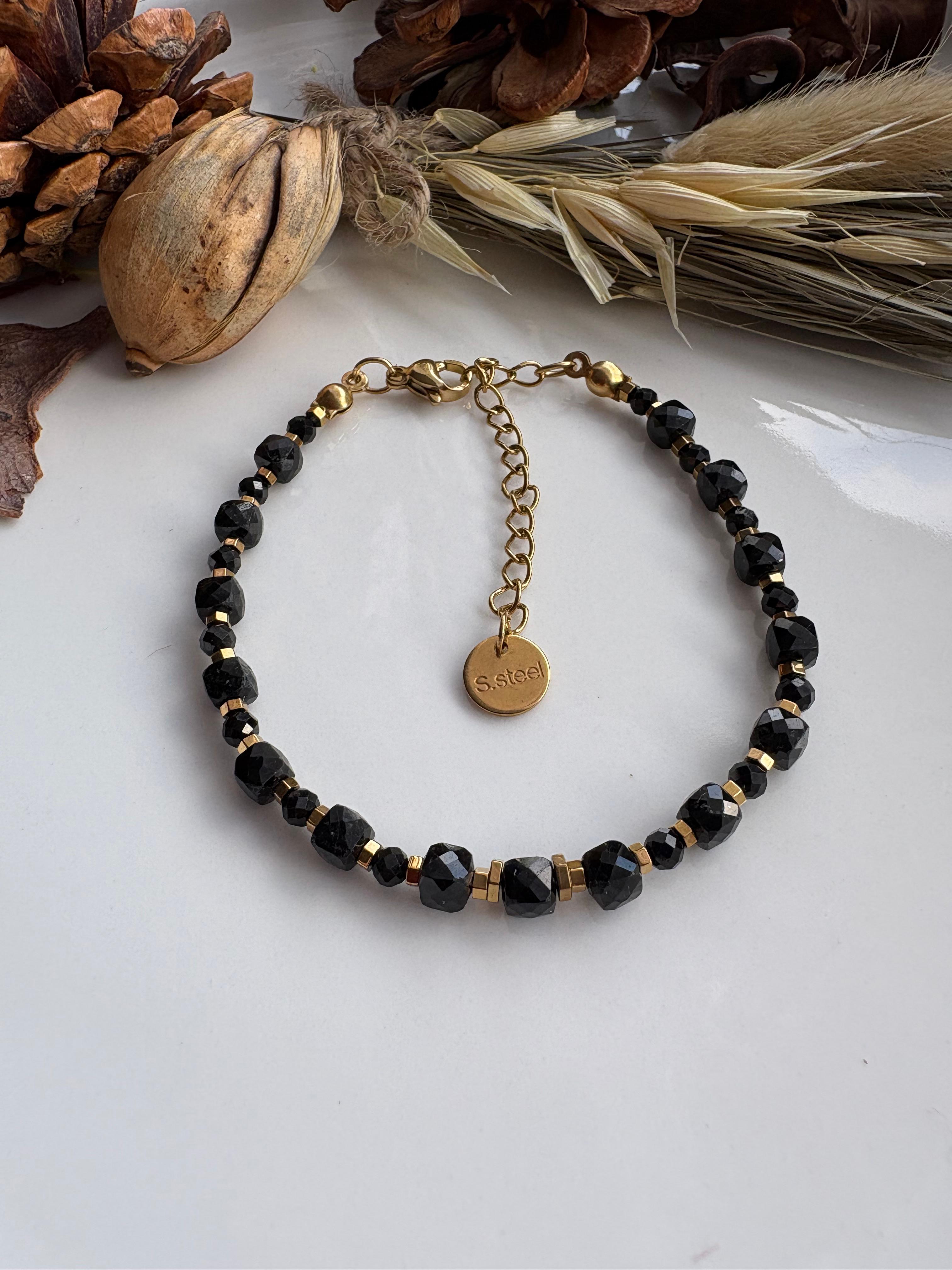 Bransoletka czarny turmalin/hematyt złocony - Rita