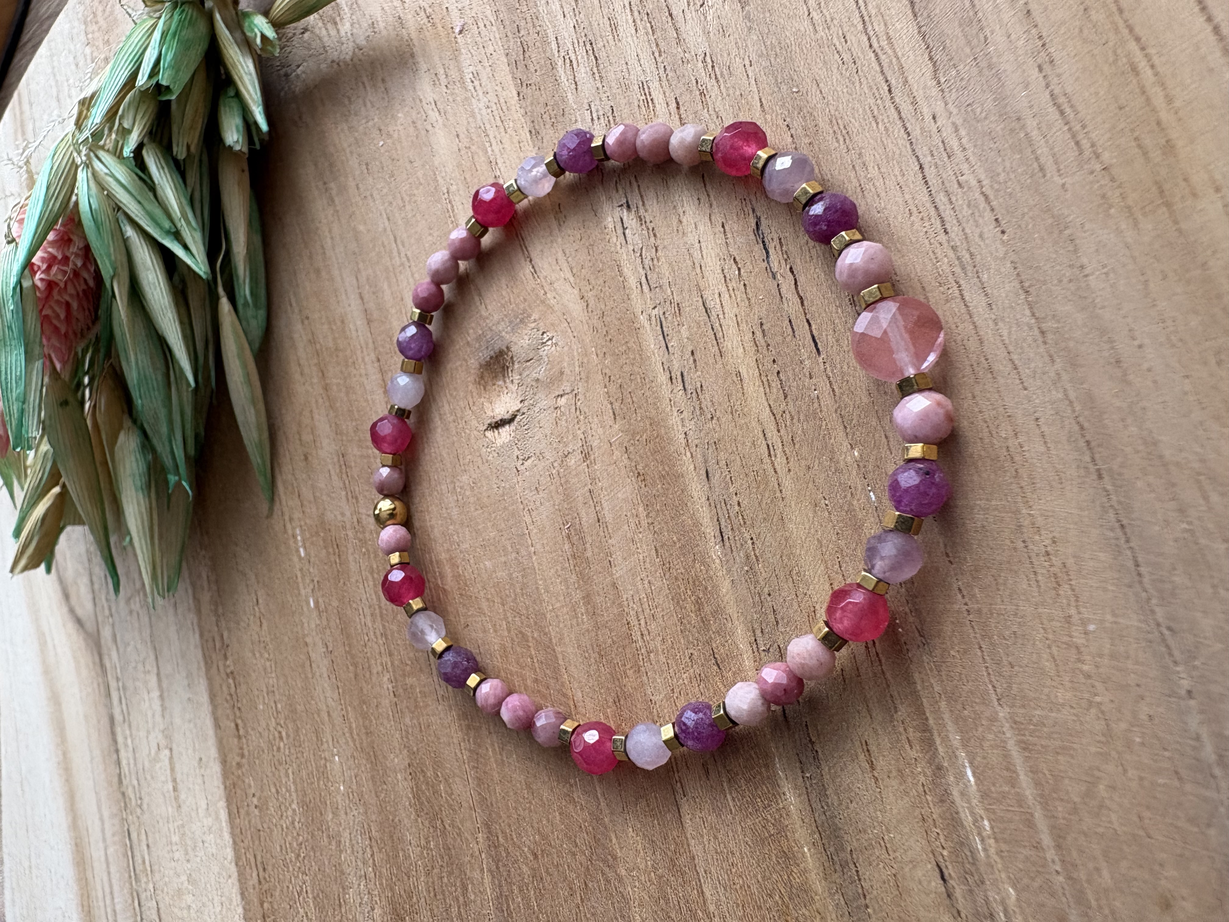Bransoletka Flowers/kwarc/rodonit/rubin/kwarc truskawkowy/jadeit