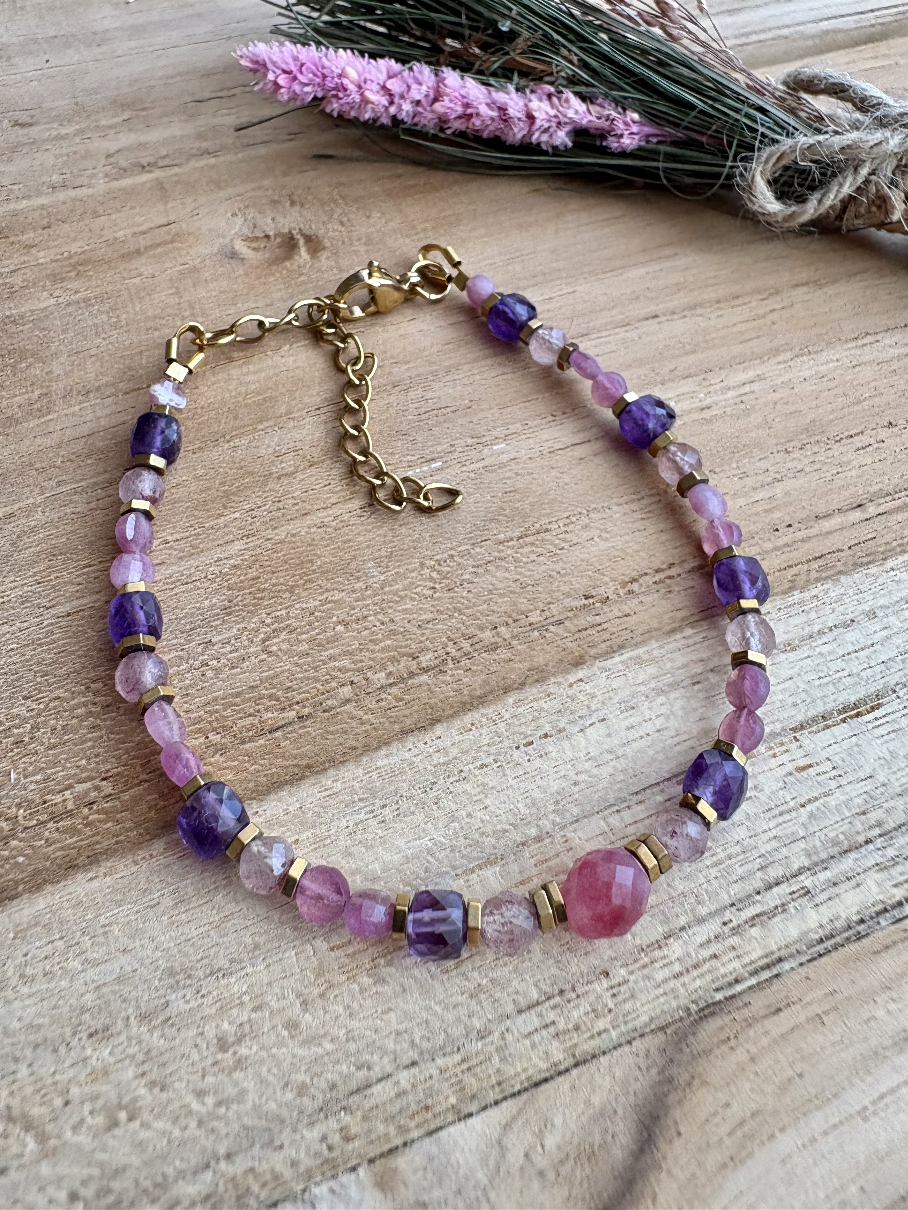 Bransoletka Spring Flowers collection/różowy turmalin/ kwarc truskawkowy/ ametyst/ hematyt