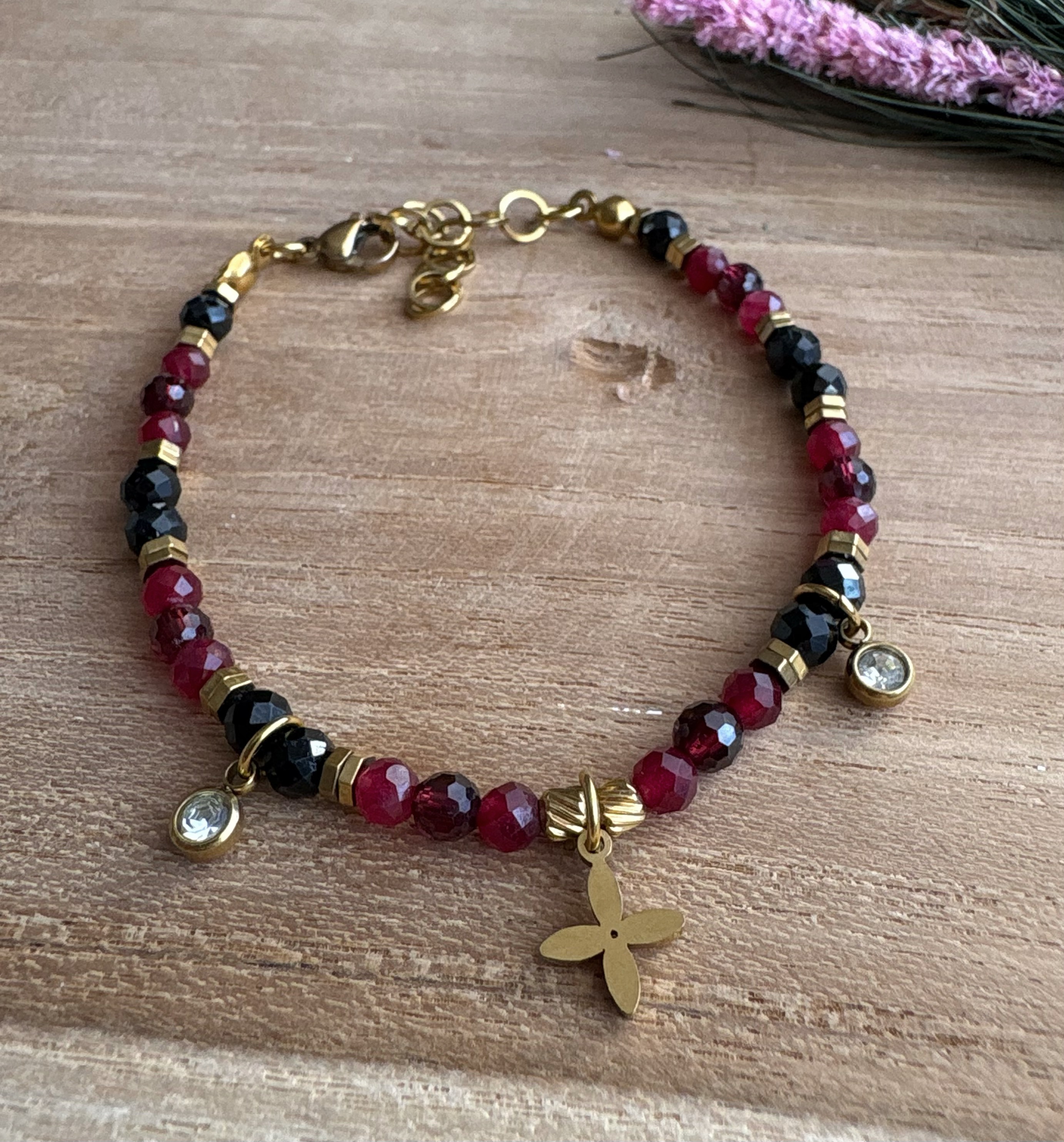 Bransoletka Ruby night/ czarny turmalin/ granat/ chalcedon czerwony/ hematyt 