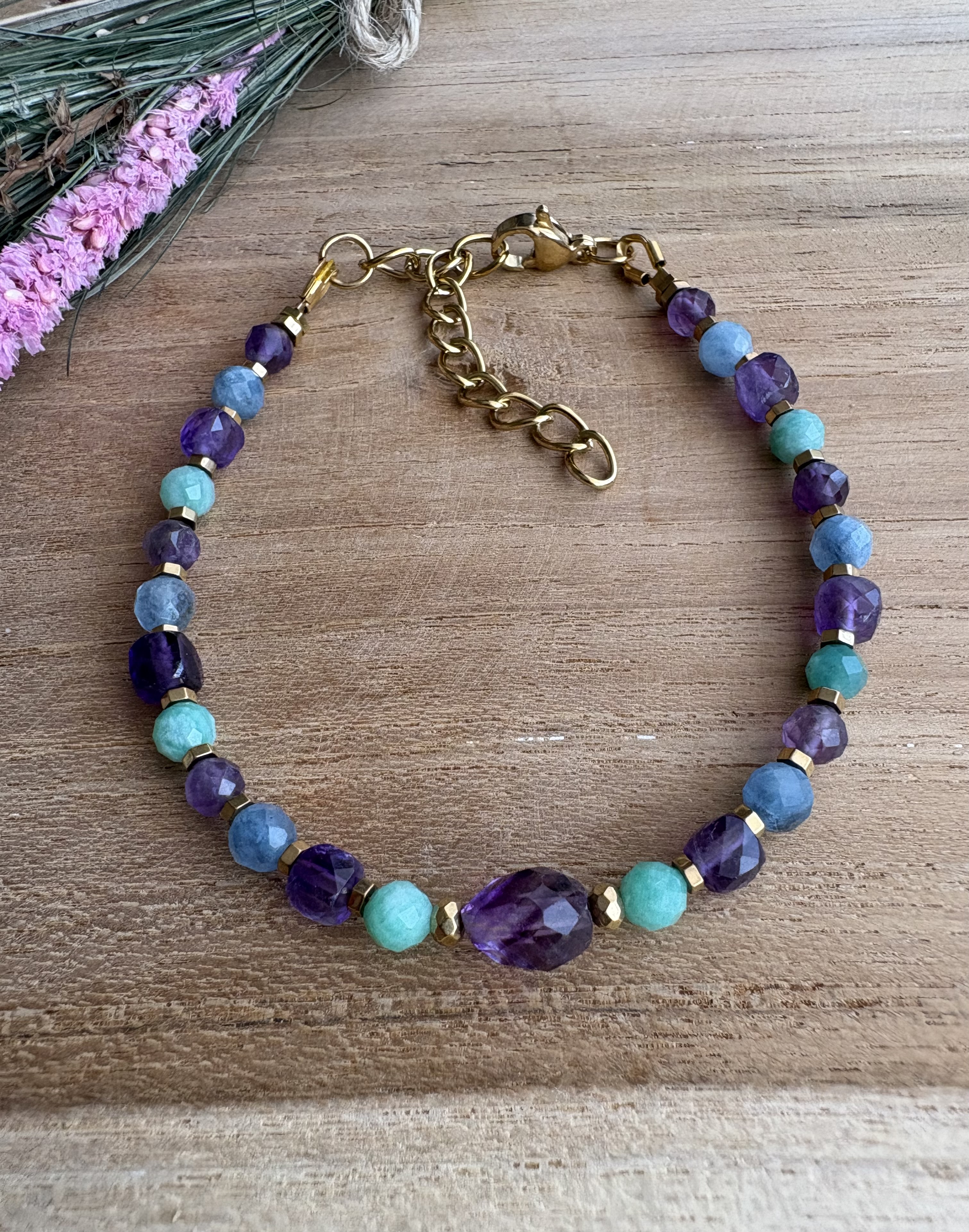 Bransoletka Spring Flowers collection/ametyst/akwamaryn/amazonit/hematyt