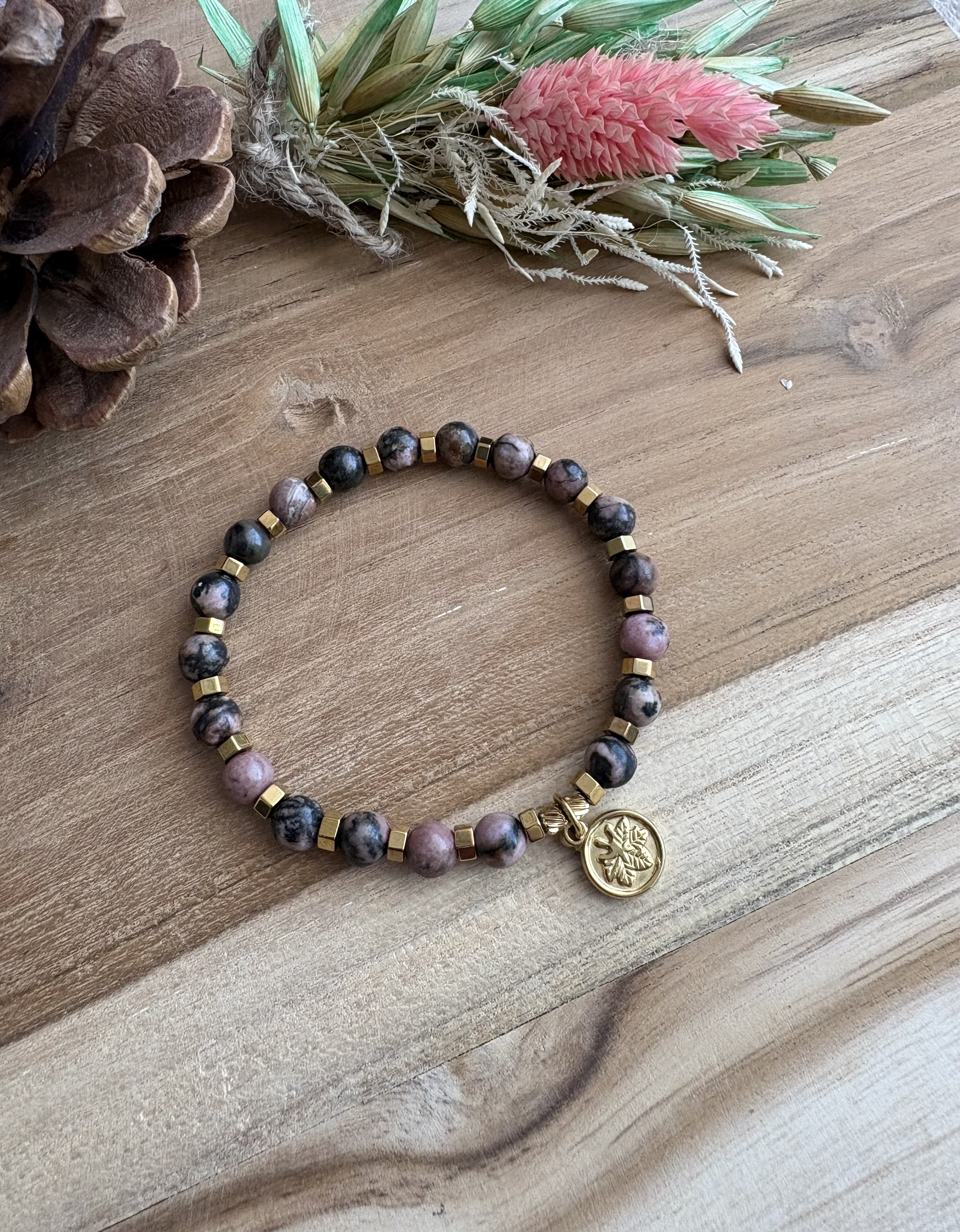 Bransoletka rodonit/hematyt złocony 