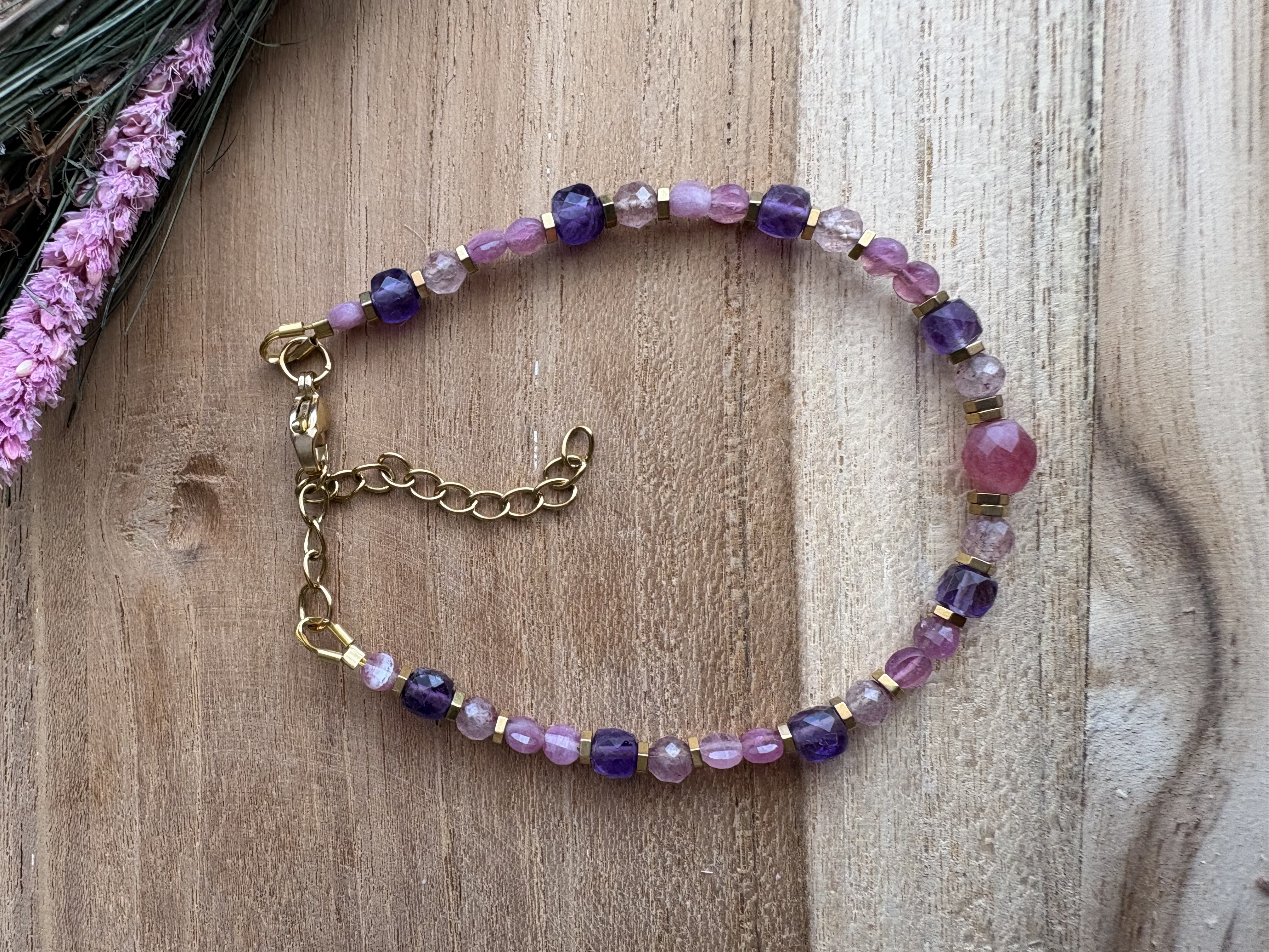 Bransoletka Spring Flowers collection/różowy turmalin/ kwarc truskawkowy/ ametyst/ hematyt